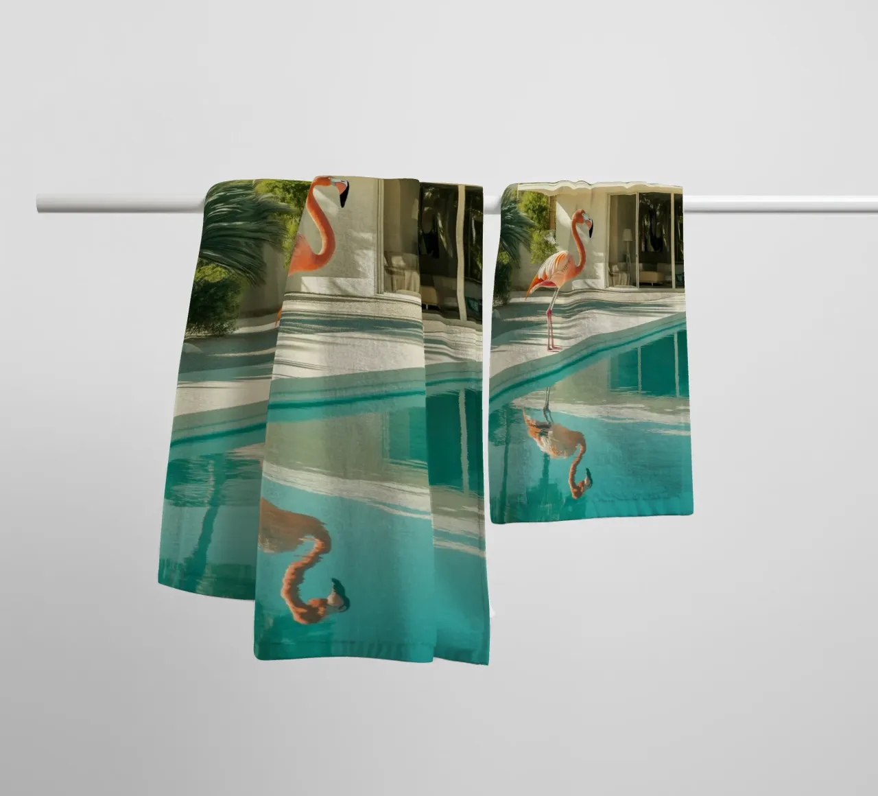 Flamingo by the pool Art towel by Carinaprint