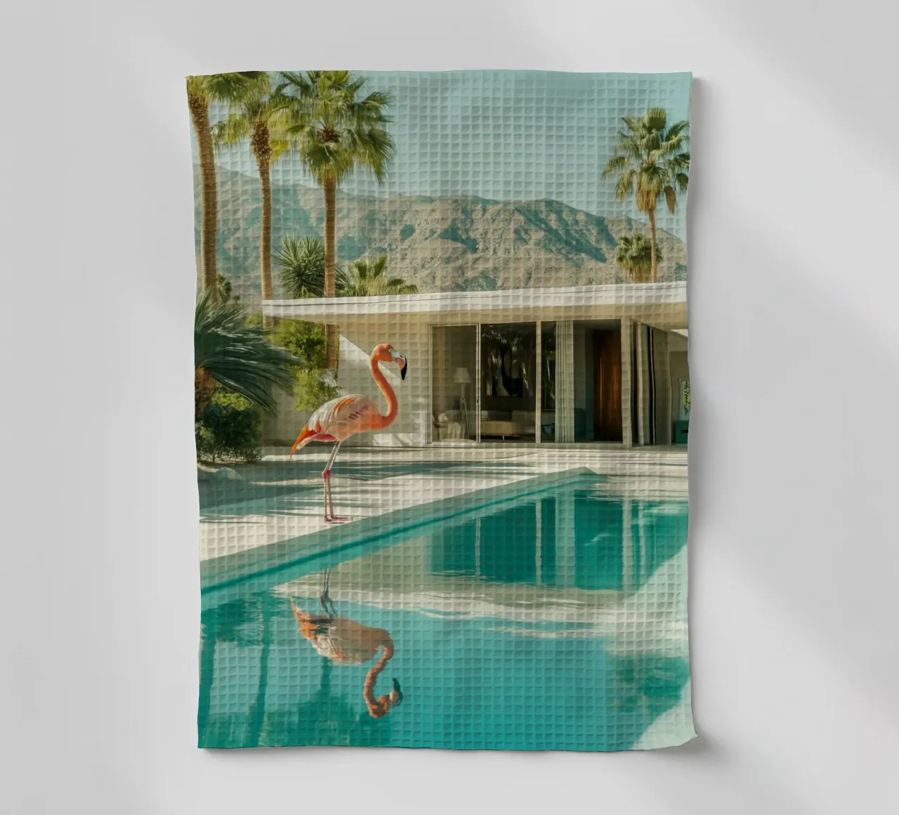 Flamingo by the pool Art tea towel by Carinaprint