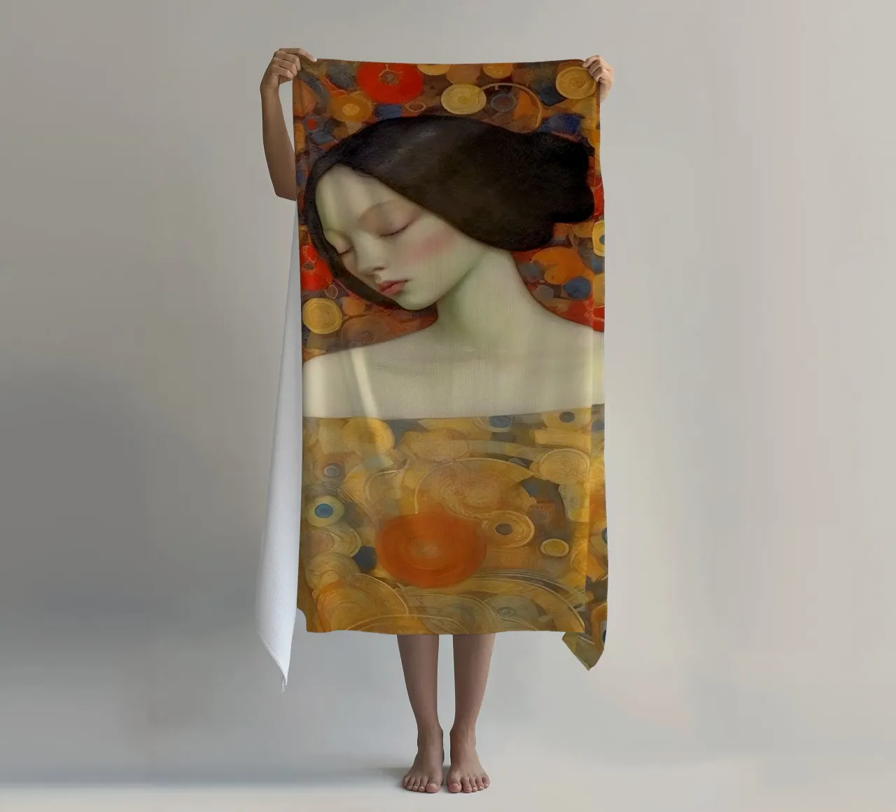 Emel Tunaboylu - Bella addormentata con texture dorata telo mare da The Artcircle