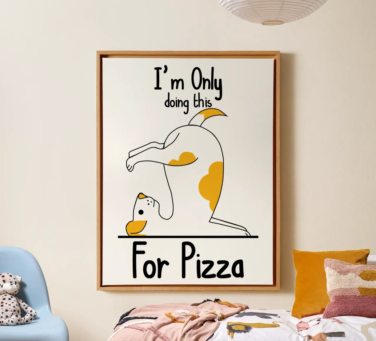Yoga para perros Sólo lo hago por la pizza lienzo con Marco flotante de ririedis