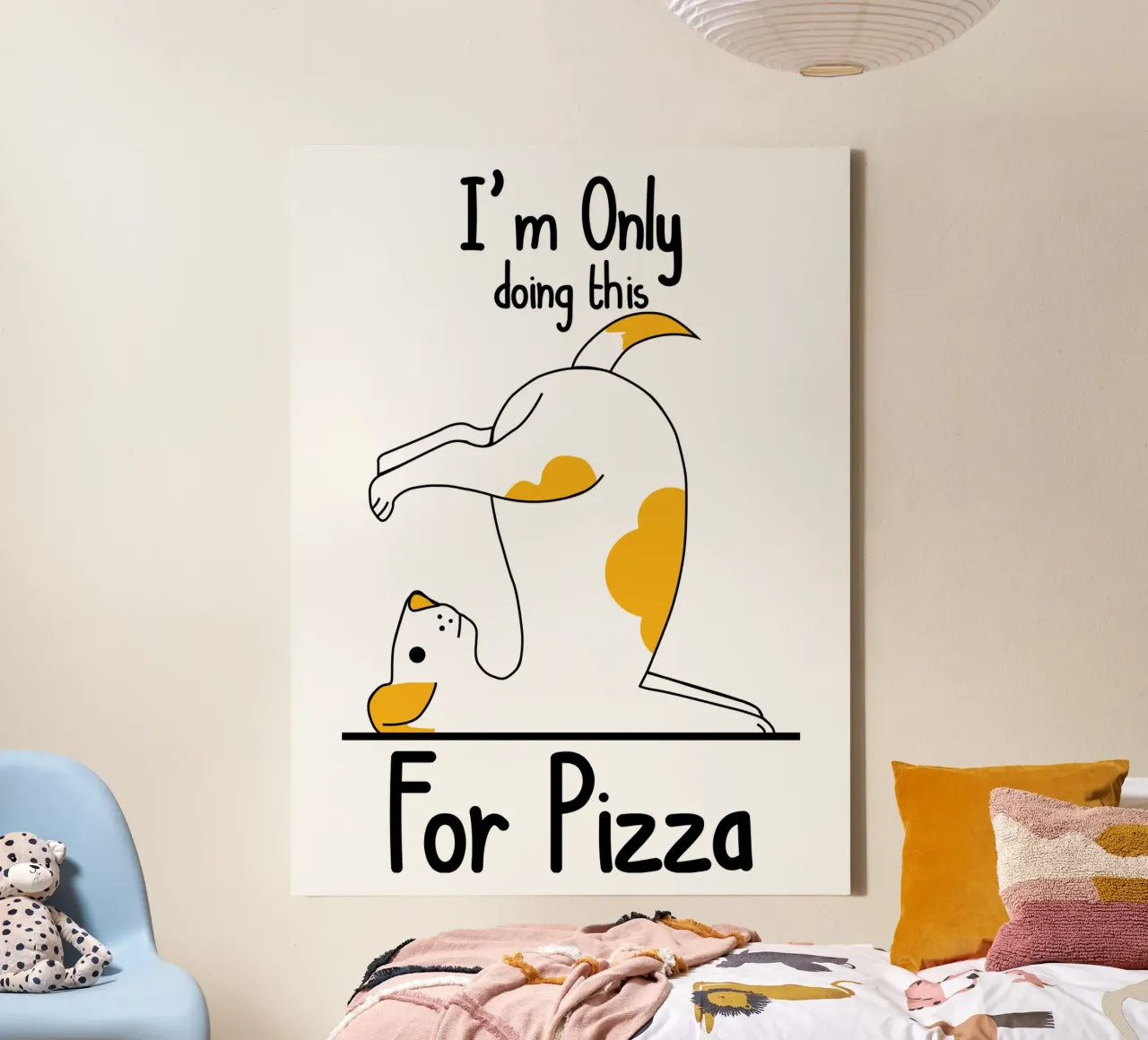 Yoga para perros Sólo lo hago por la pizza lienzo con Marco flotante de ririedis