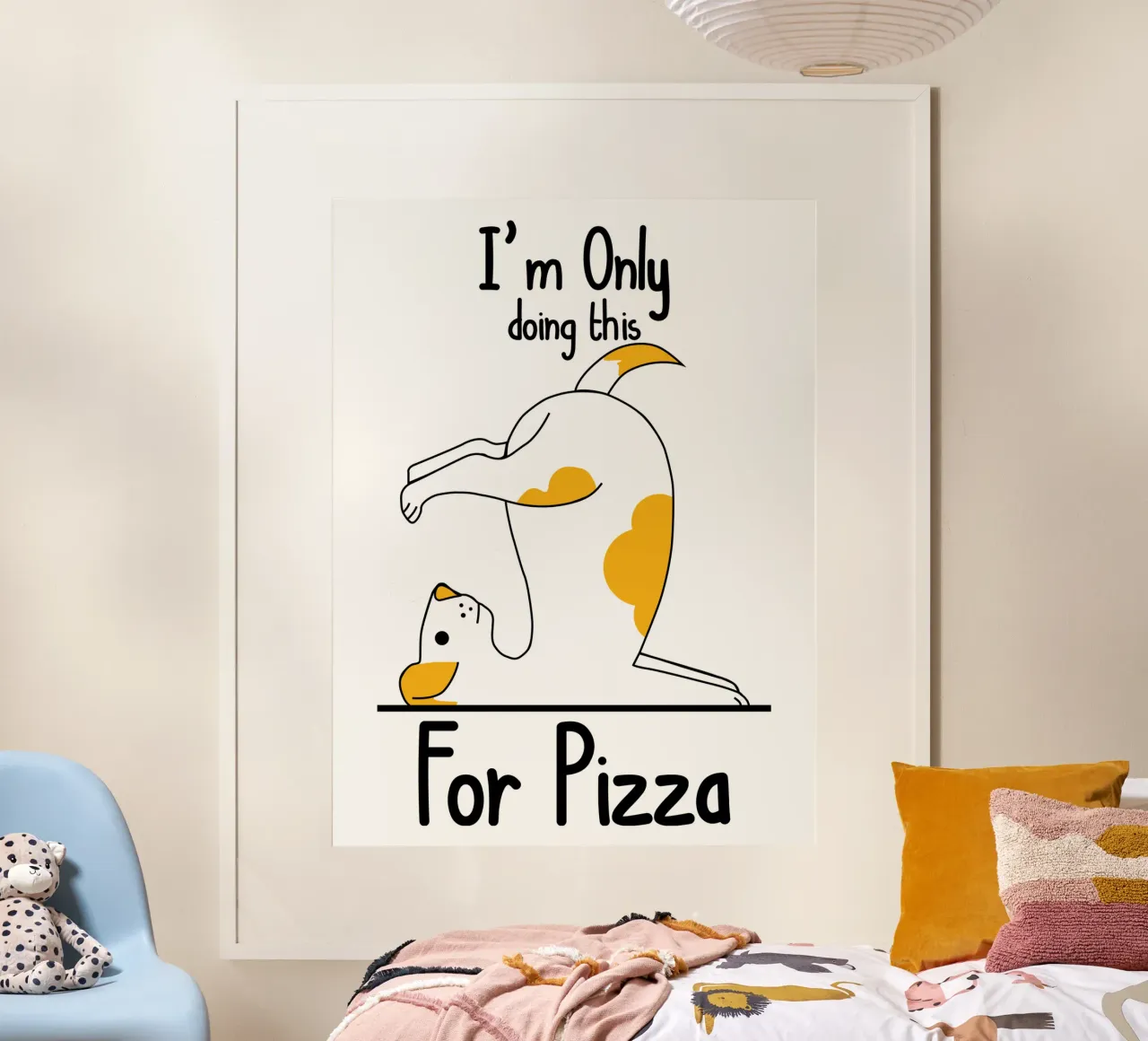 Dog Yoga Lo faccio solo per la pizza poster con telaio in alluminio da ririedis