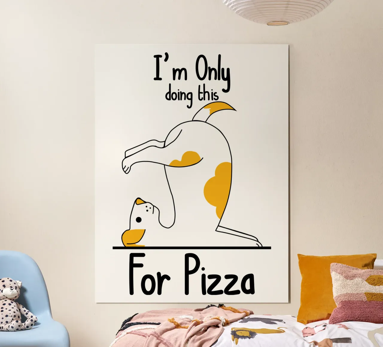 Dog Yoga Lo faccio solo per la pizza poster con telaio in alluminio da ririedis