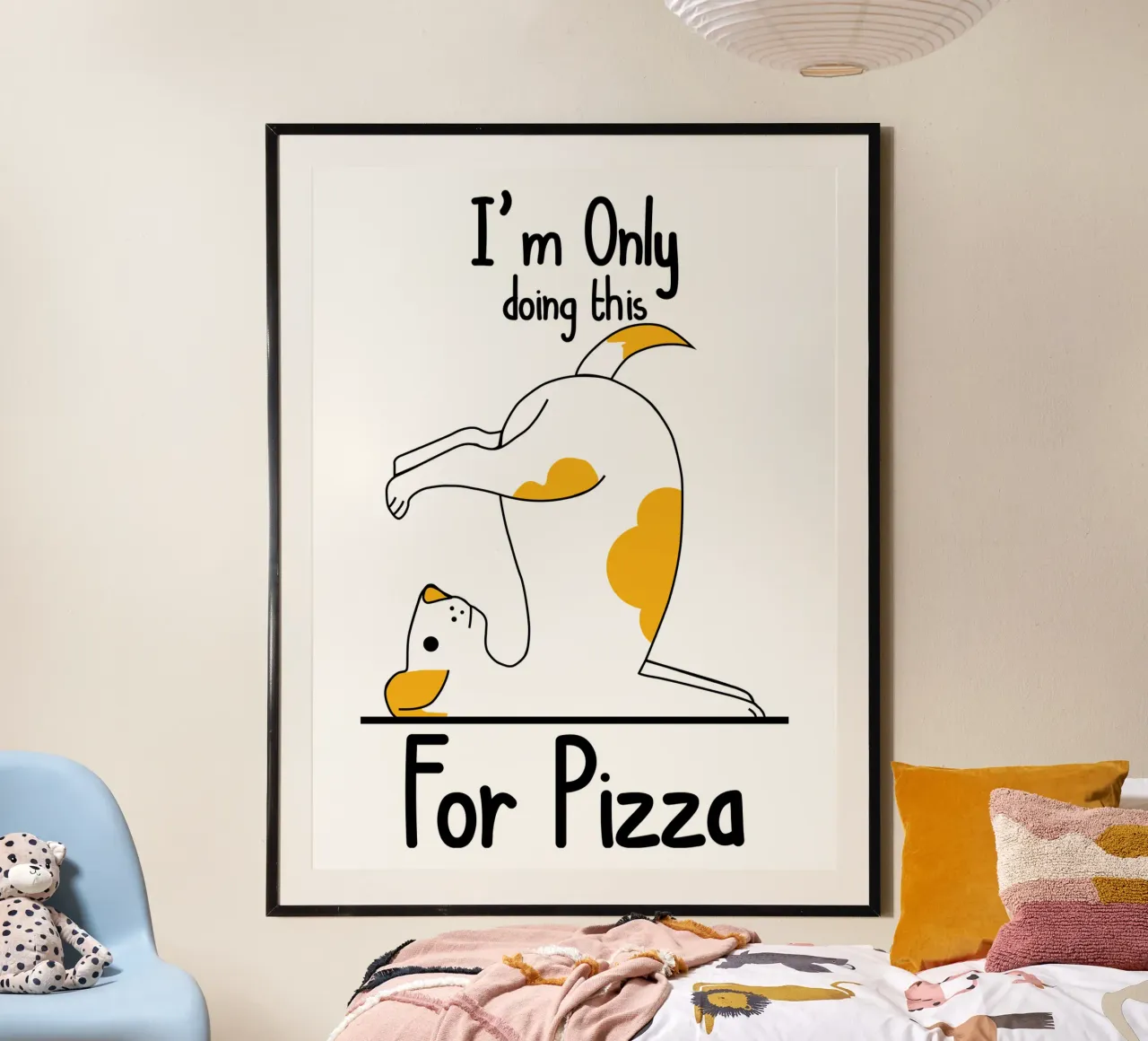 Dog Yoga Lo faccio solo per la pizza poster con telaio in alluminio da ririedis