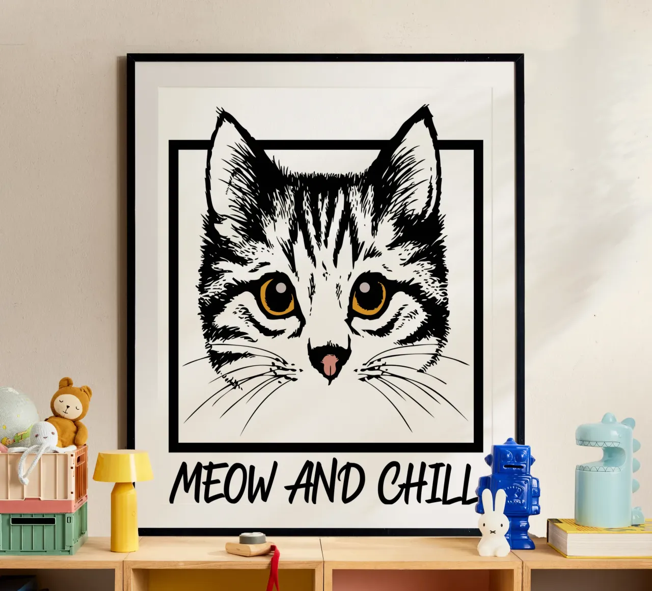 Regalo per amanti dei gatti Meow and Chill poster con telaio in plastica da ririedis