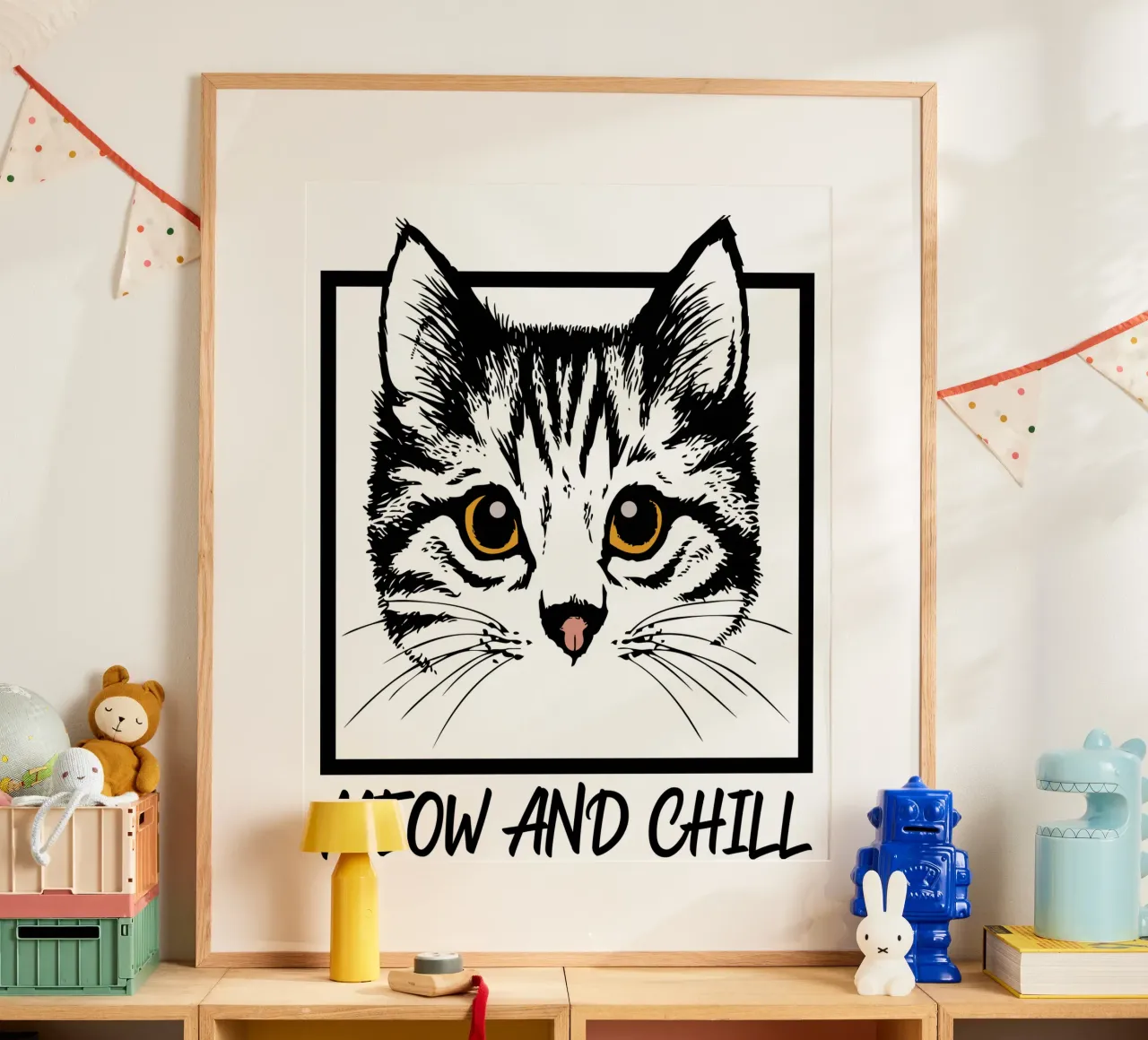 Regalo per amanti dei gatti Meow and Chill poster con telaio in plastica da ririedis