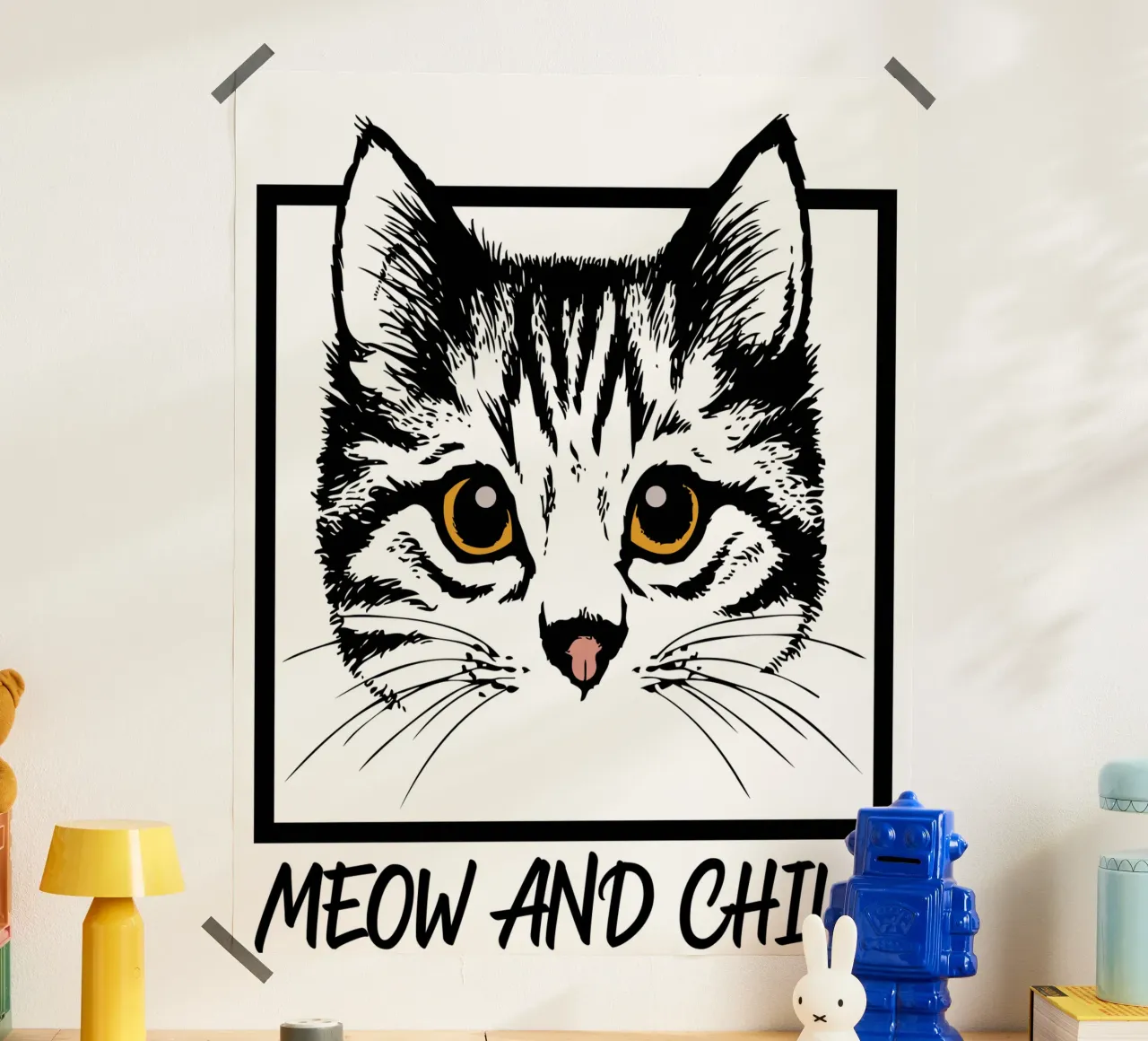 Regalo per amanti dei gatti Meow and Chill poster con telaio in plastica da ririedis