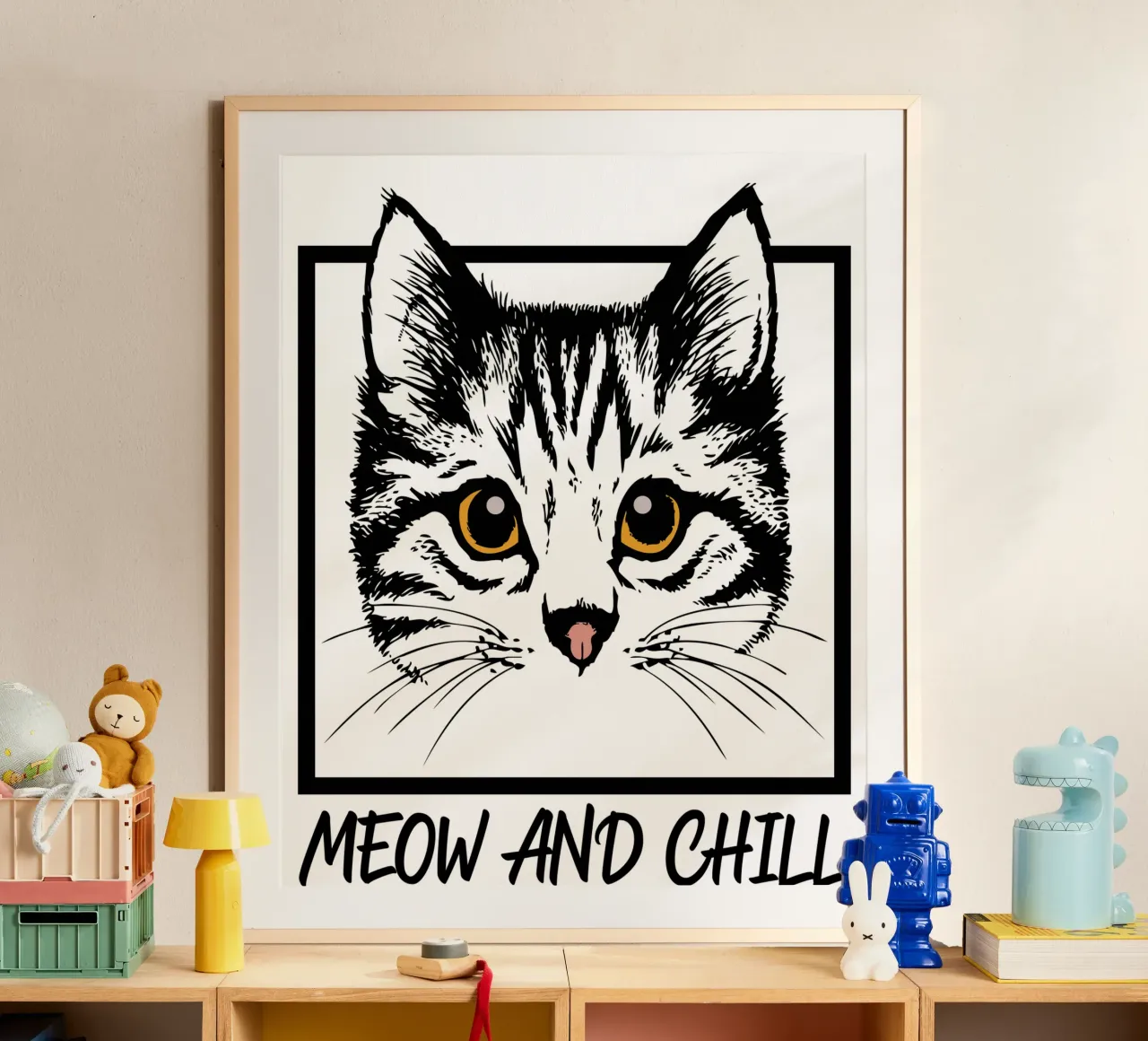 Regalo per amanti dei gatti Meow and Chill poster con telaio in plastica da ririedis