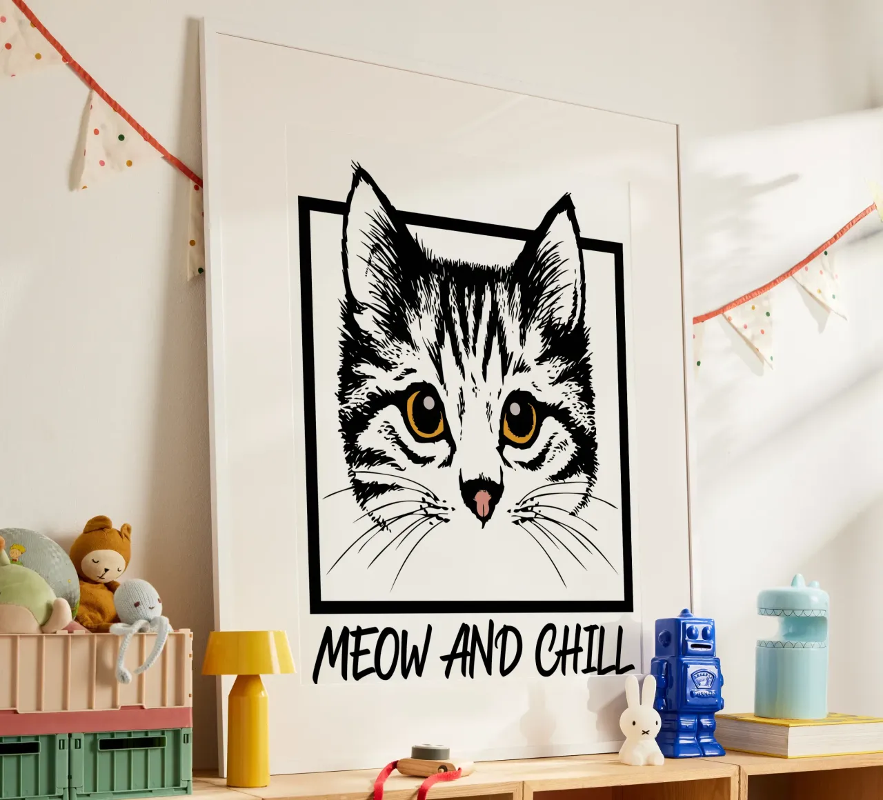 Regalo per amanti dei gatti Meow and Chill poster con telaio in plastica da ririedis