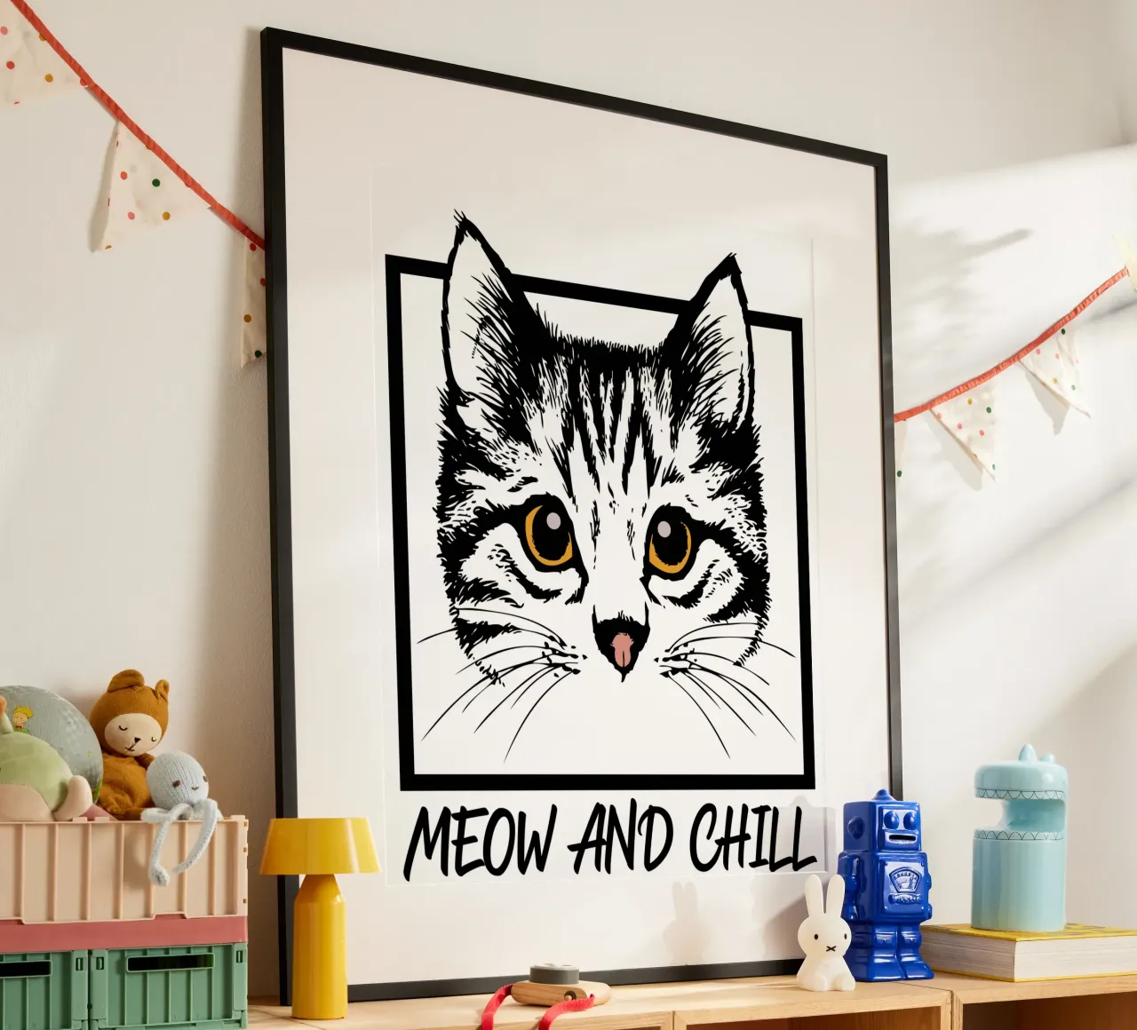 Regalo per amanti dei gatti Meow and Chill poster con telaio in plastica da ririedis