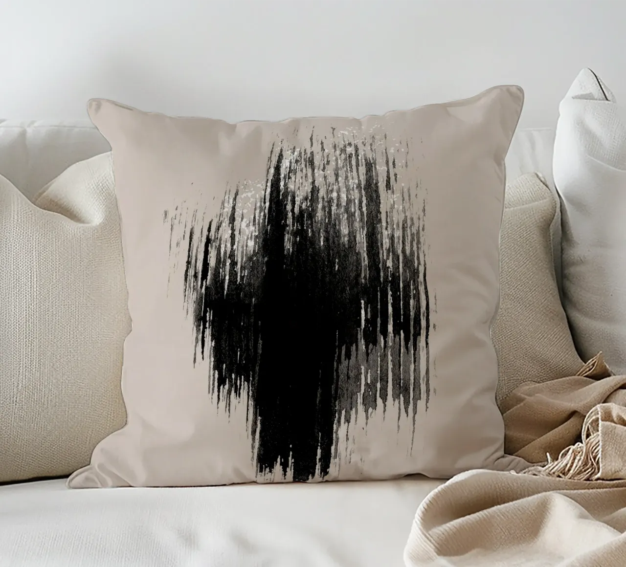 Strokes 9 | Minimal Black & White Abstract on Tan cuscino da sabidussi