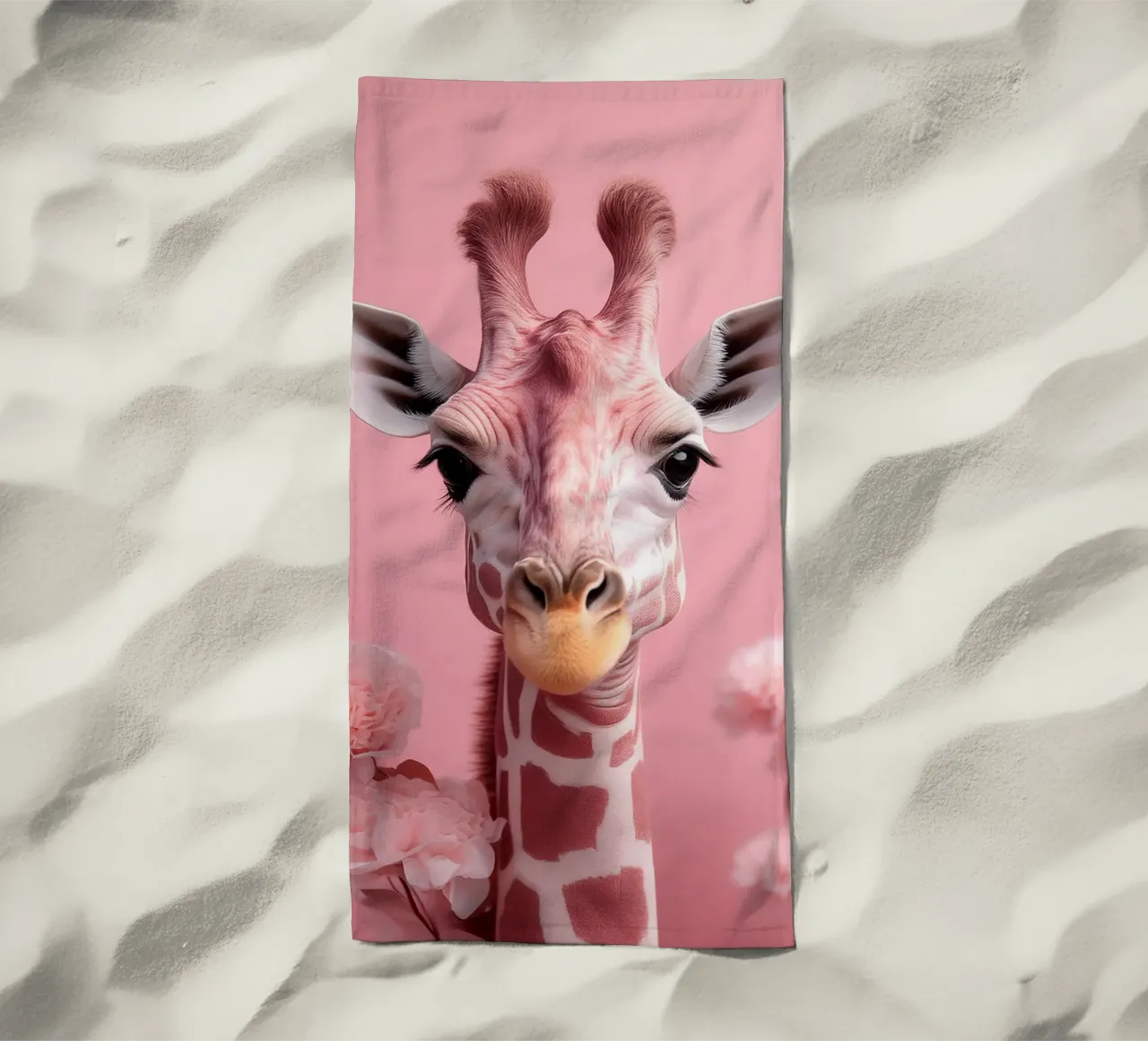 Incantevole Giraffa rosa con fiori | Unico e stravagante telo mare da FlexiDesignsByK