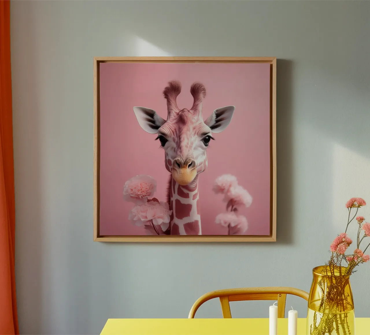 Incantevole Giraffa rosa con fiori | Unico e stravagante tela con Cornice a cassetta da FlexiDesignsByK