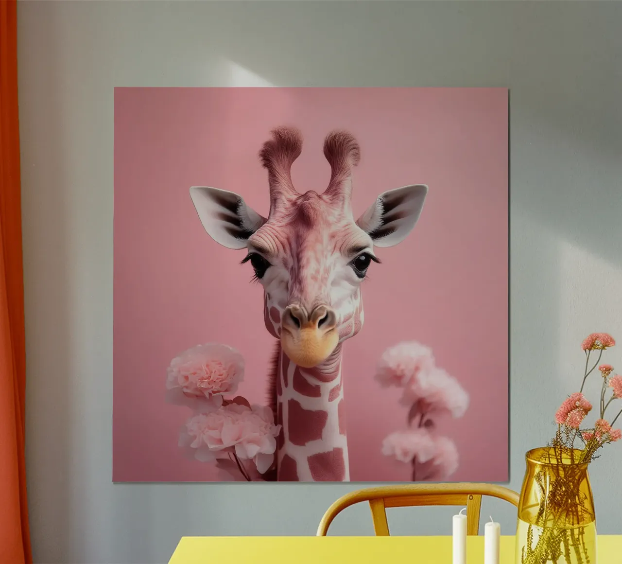 Incantevole Giraffa rosa con fiori | Unico e stravagante carta hahnemühle da FlexiDesignsByK