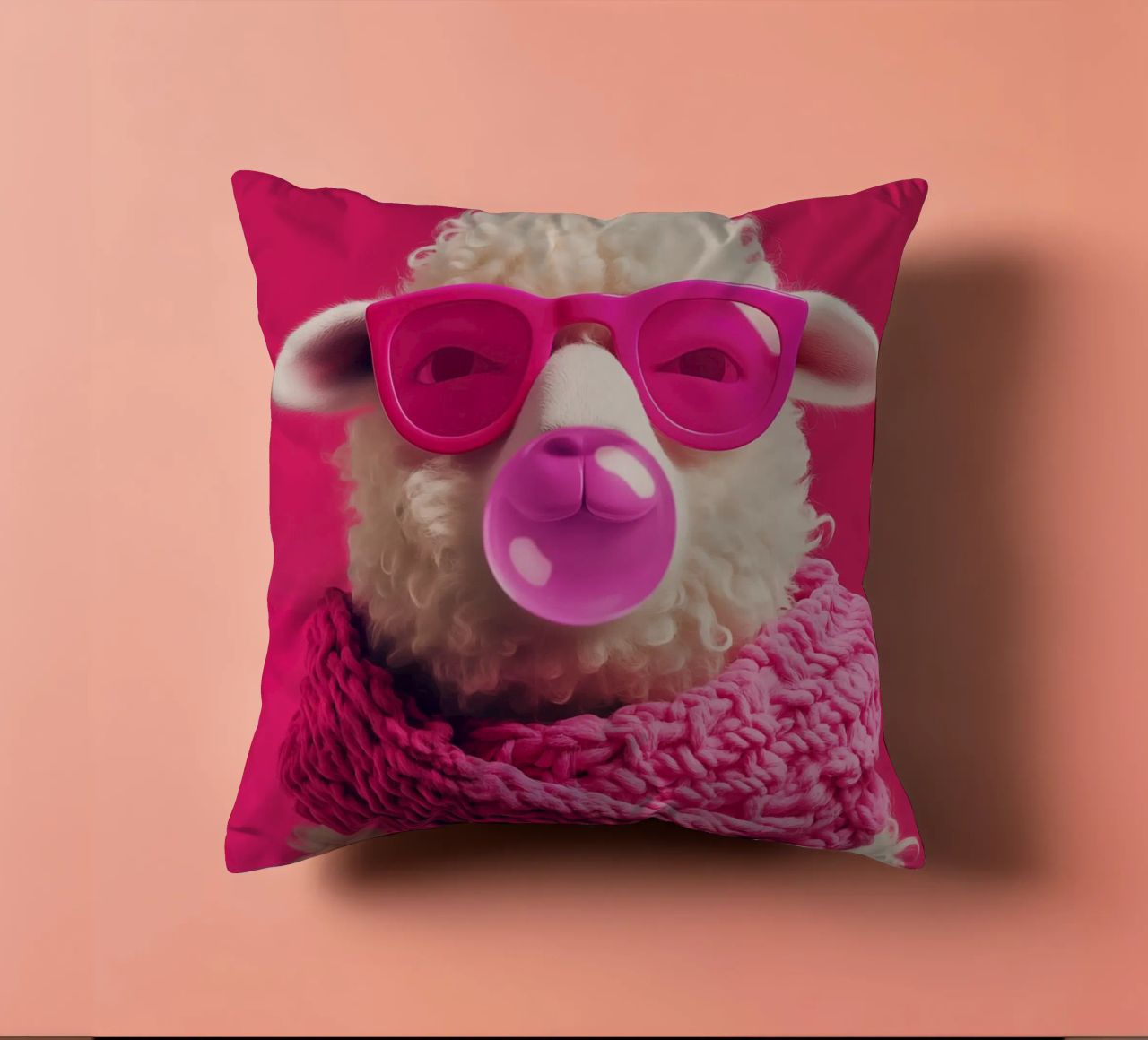 Pecora pop art con occhiali rosa, sciarpa e gomma da masticare cuscino da Autofocus