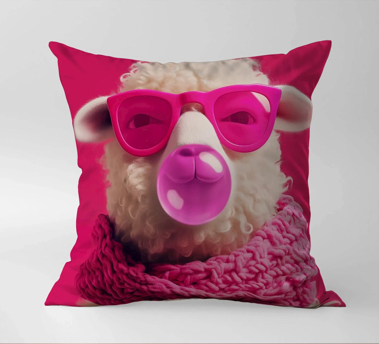 Pecora pop art con occhiali rosa, sciarpa e gomma da masticare cuscino da Autofocus