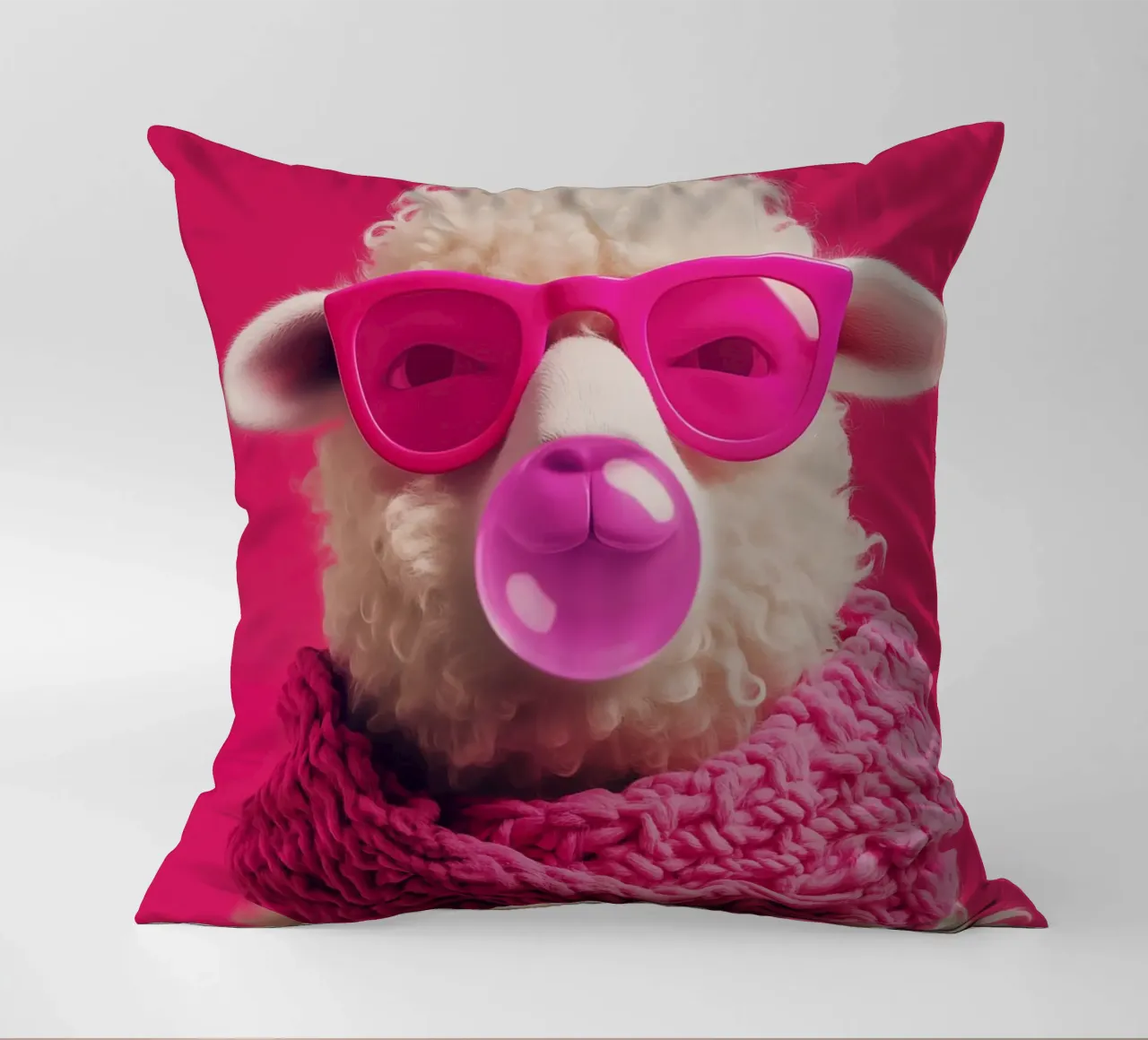 Oveja pop art con gafas rosas, bufanda y chicle cojín de Autofocus