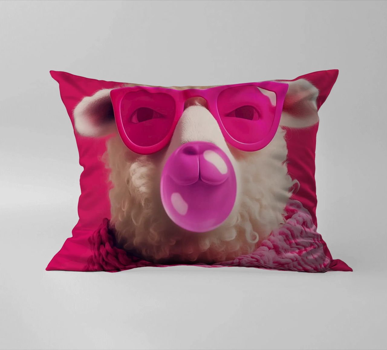 Pecora pop art con occhiali rosa, sciarpa e gomma da masticare cuscino da Autofocus