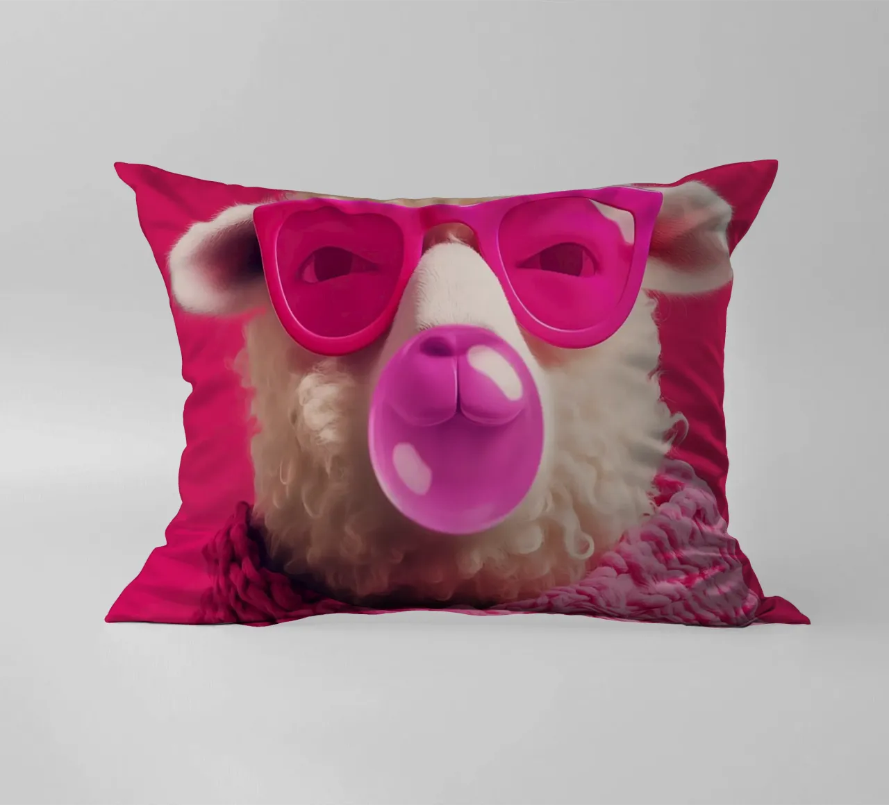 Oveja pop art con gafas rosas, bufanda y chicle cojín de Autofocus