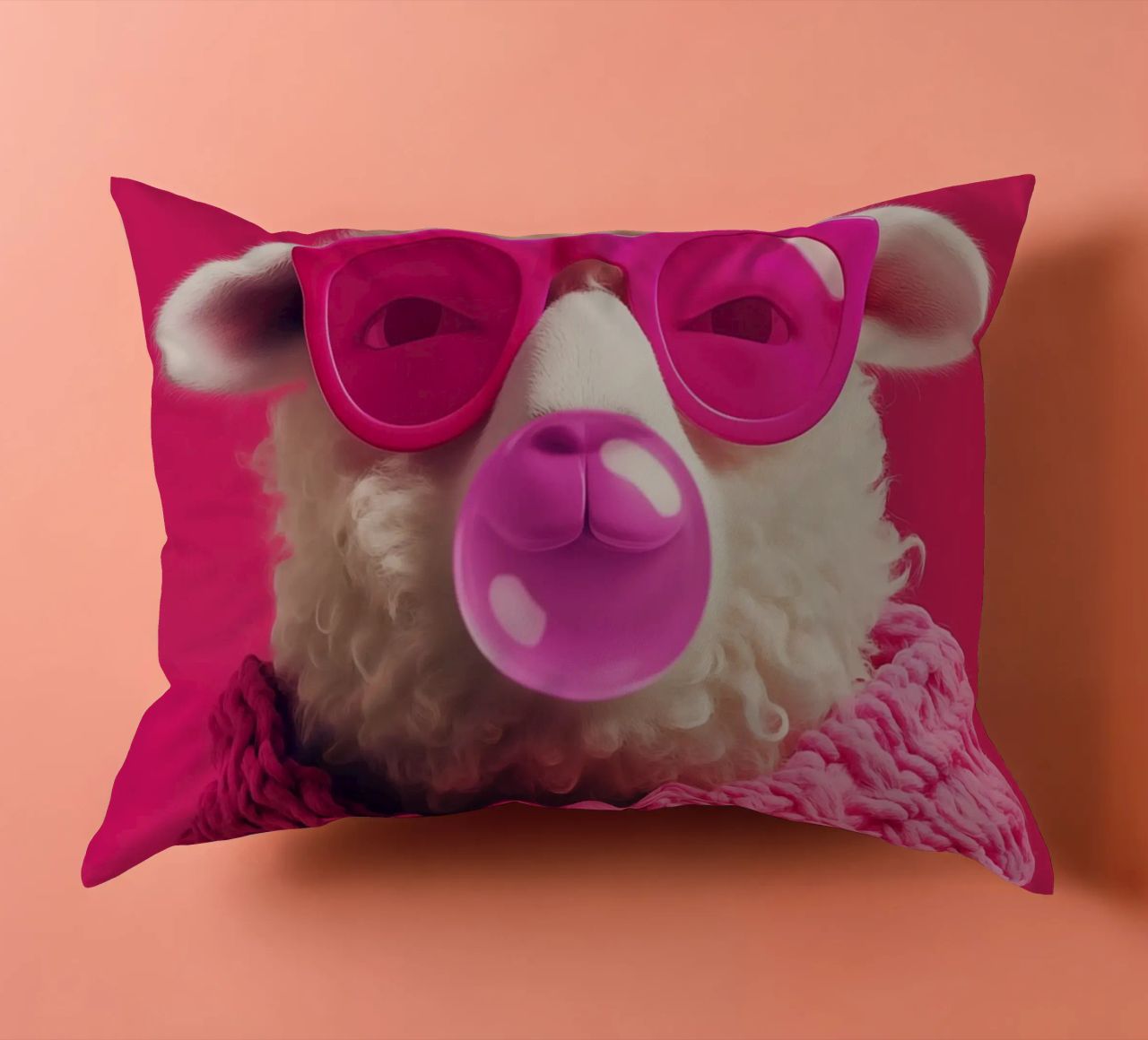 Pecora pop art con occhiali rosa, sciarpa e gomma da masticare cuscino da Autofocus