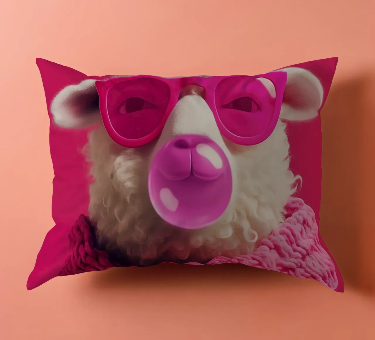 Oveja pop art con gafas rosas, bufanda y chicle cojín de Autofocus