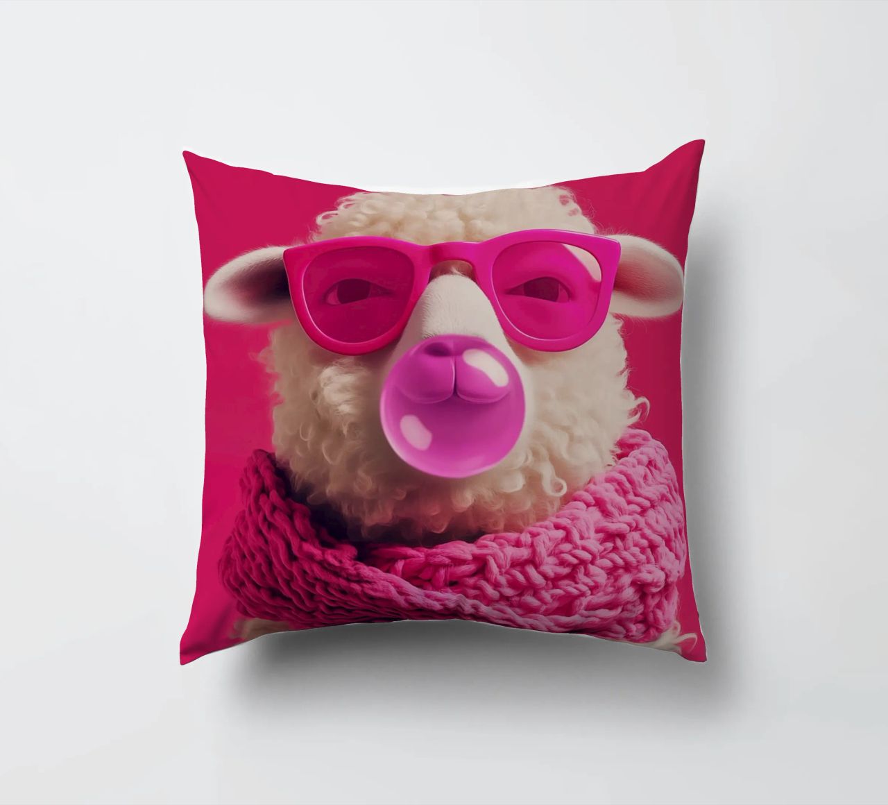 Pecora pop art con occhiali rosa, sciarpa e gomma da masticare cuscino da Autofocus
