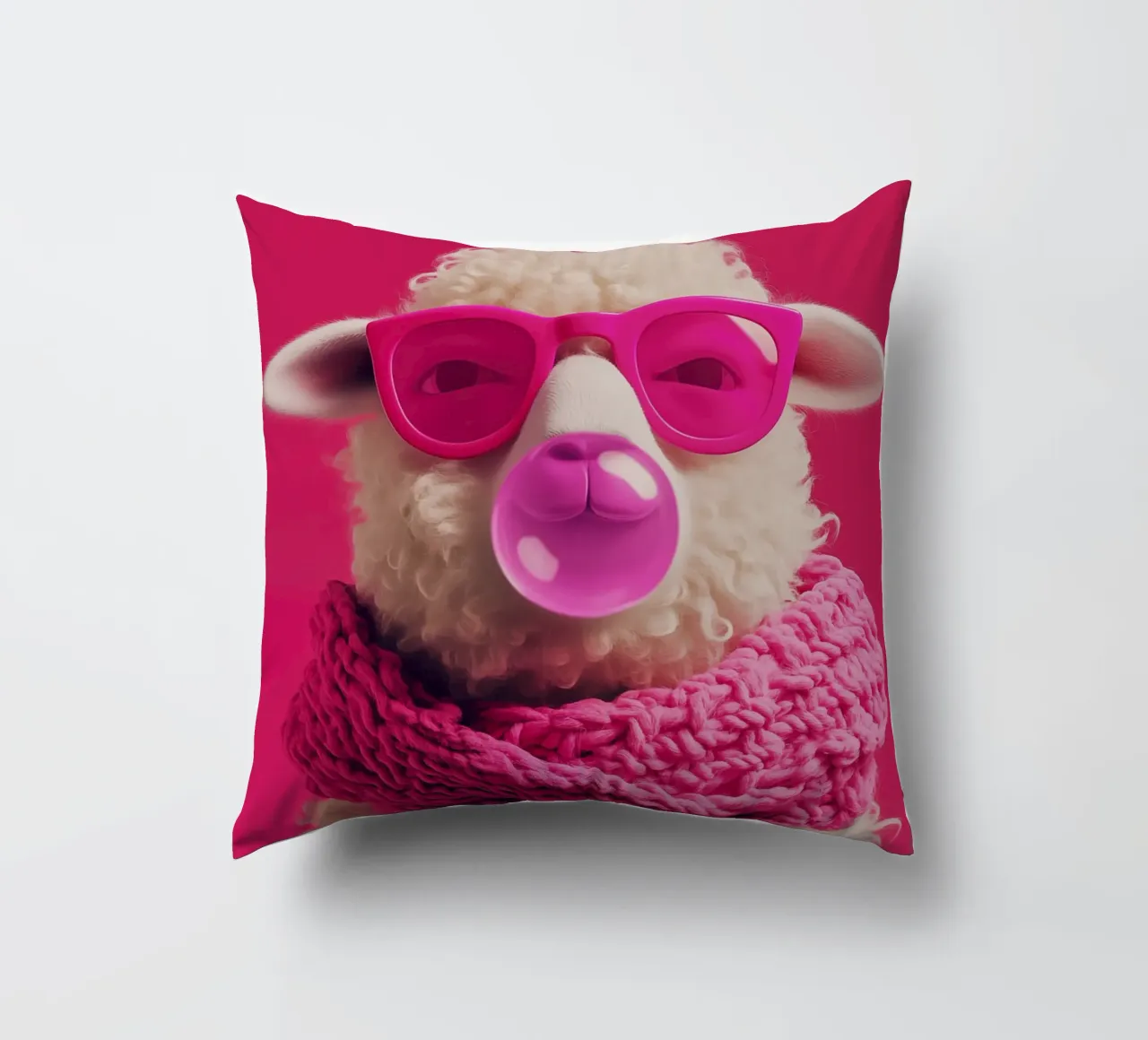 Oveja pop art con gafas rosas, bufanda y chicle cojín de Autofocus