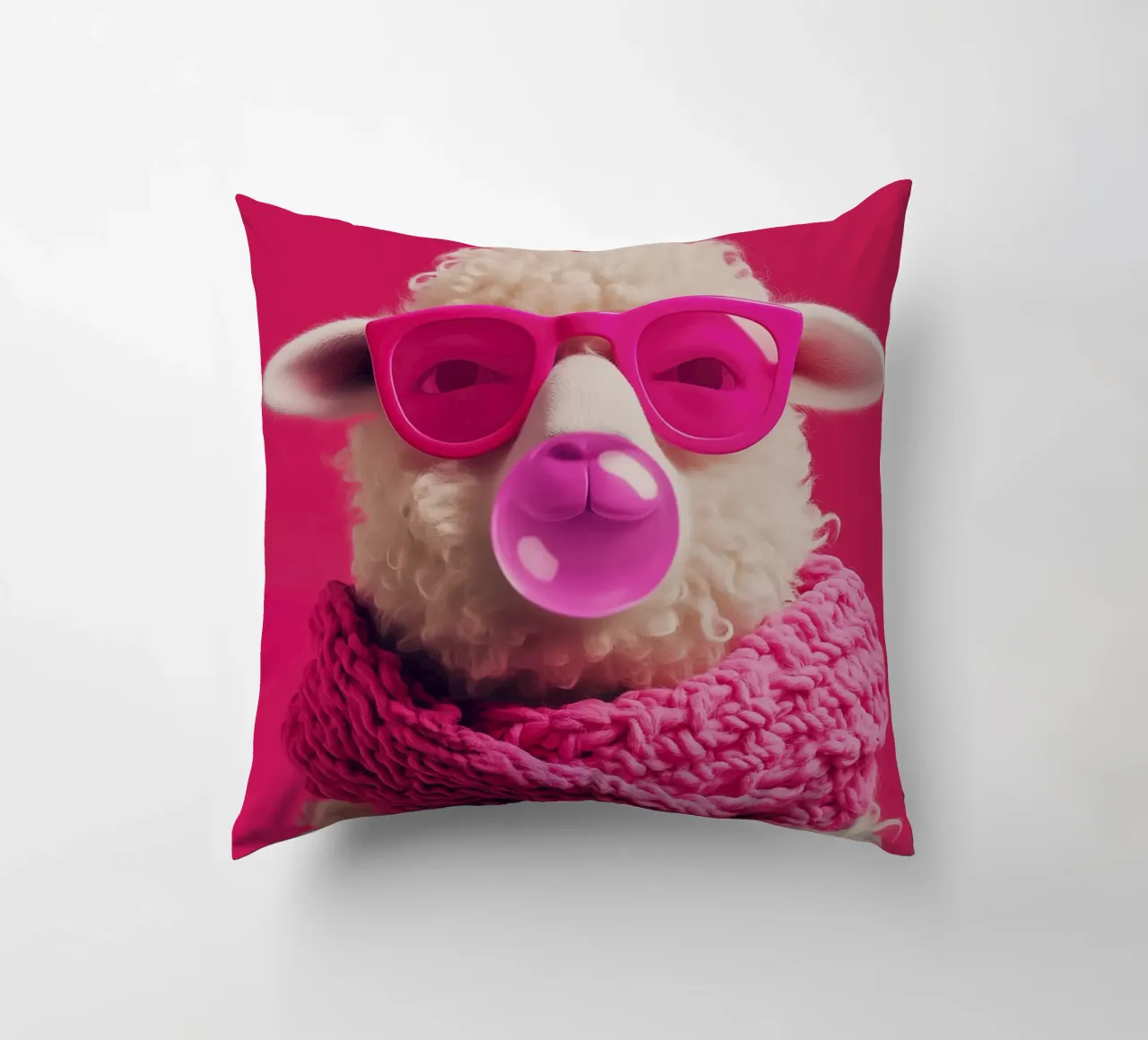 Oveja pop art con gafas rosas, bufanda y chicle cojín de Autofocus