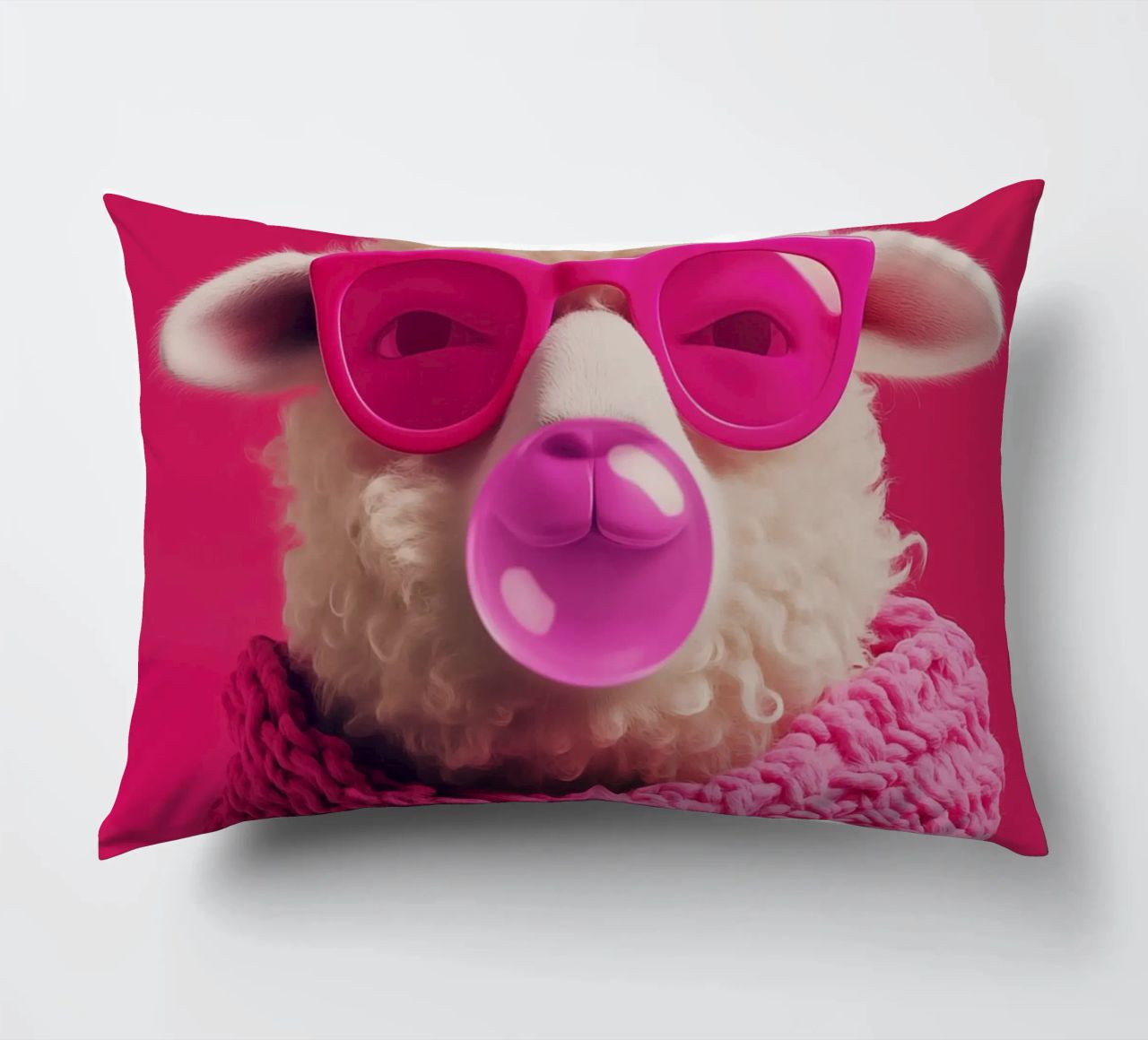 Pecora pop art con occhiali rosa, sciarpa e gomma da masticare cuscino da Autofocus