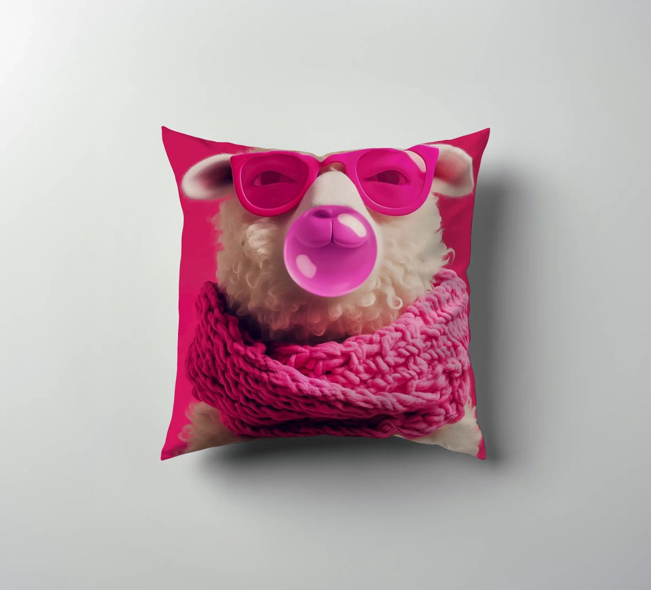 Pecora pop art con occhiali rosa, sciarpa e gomma da masticare cuscino da Autofocus