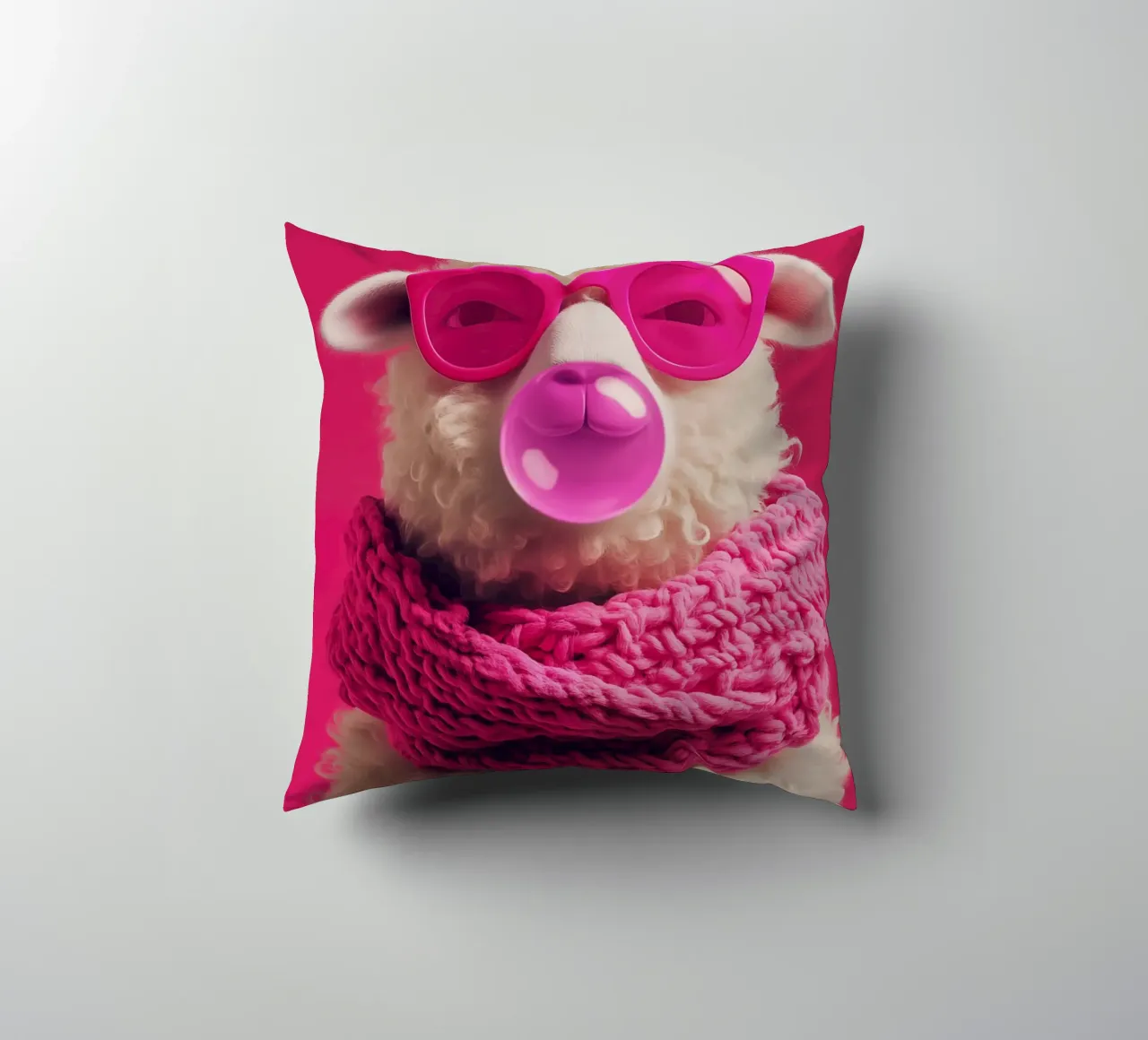 Oveja pop art con gafas rosas, bufanda y chicle cojín de Autofocus