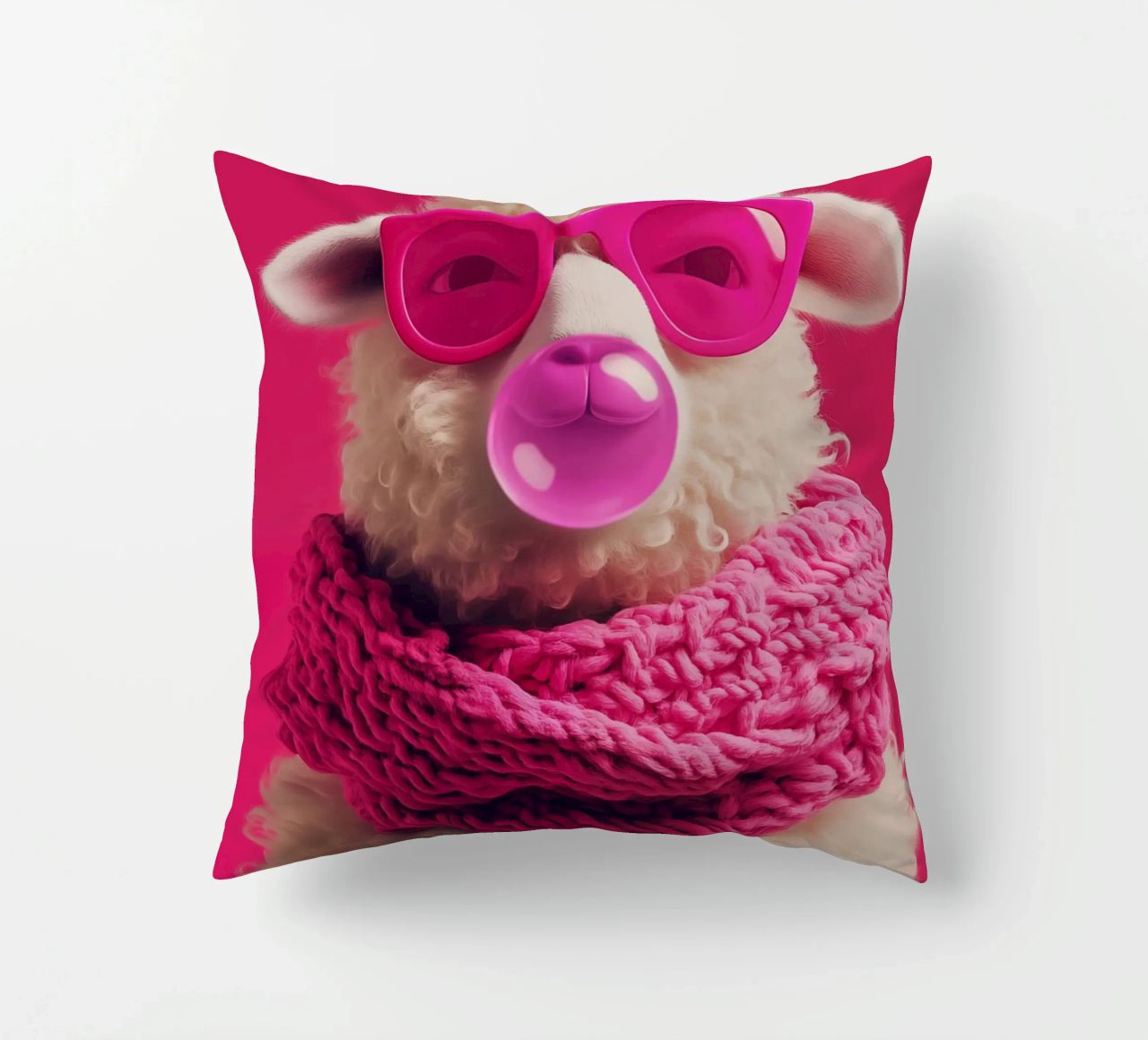 Pecora pop art con occhiali rosa, sciarpa e gomma da masticare cuscino da Autofocus
