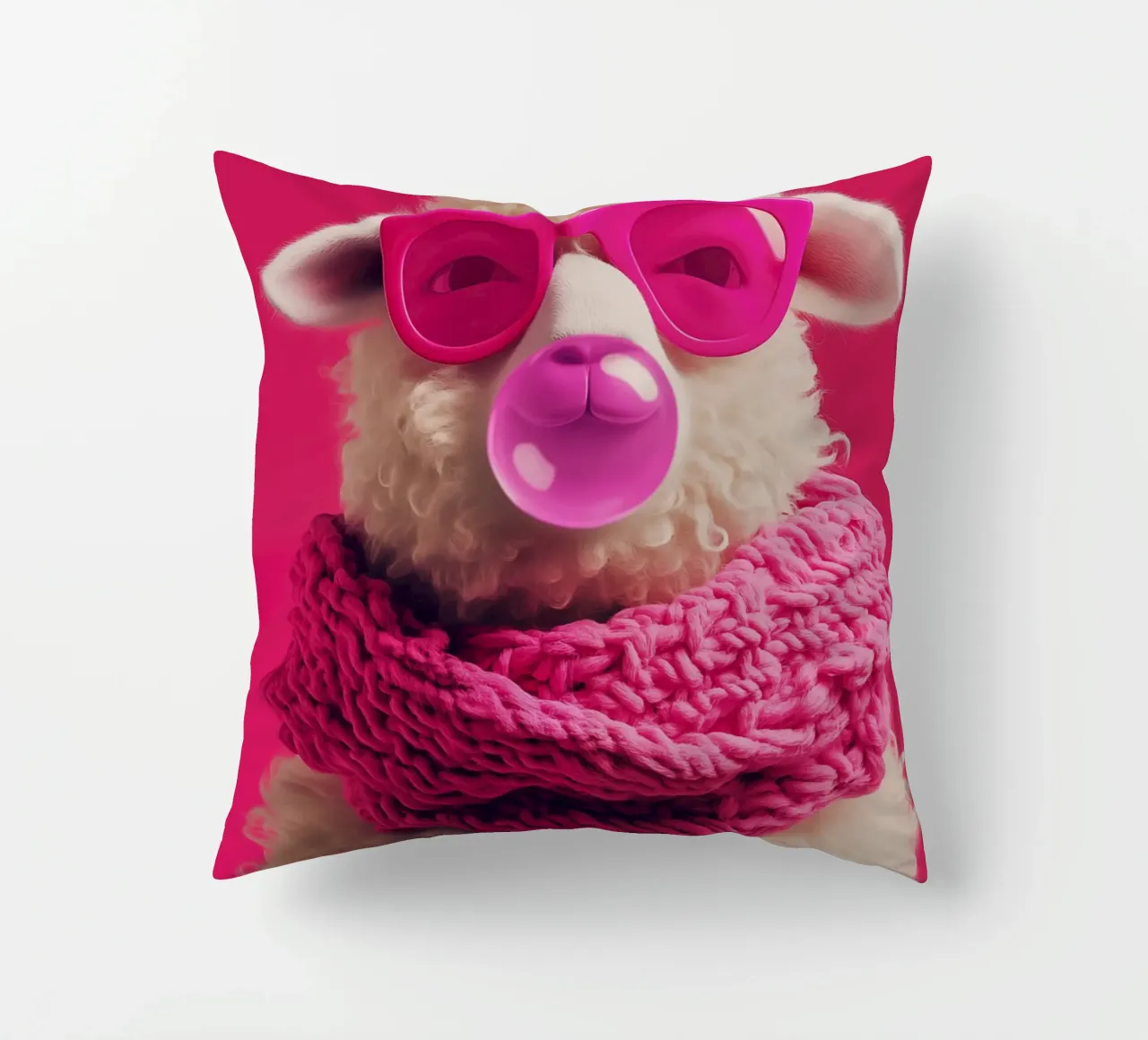 Oveja pop art con gafas rosas, bufanda y chicle cojín de Autofocus