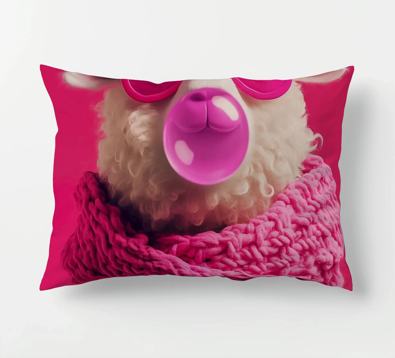 Pecora pop art con occhiali rosa, sciarpa e gomma da masticare cuscino da Autofocus