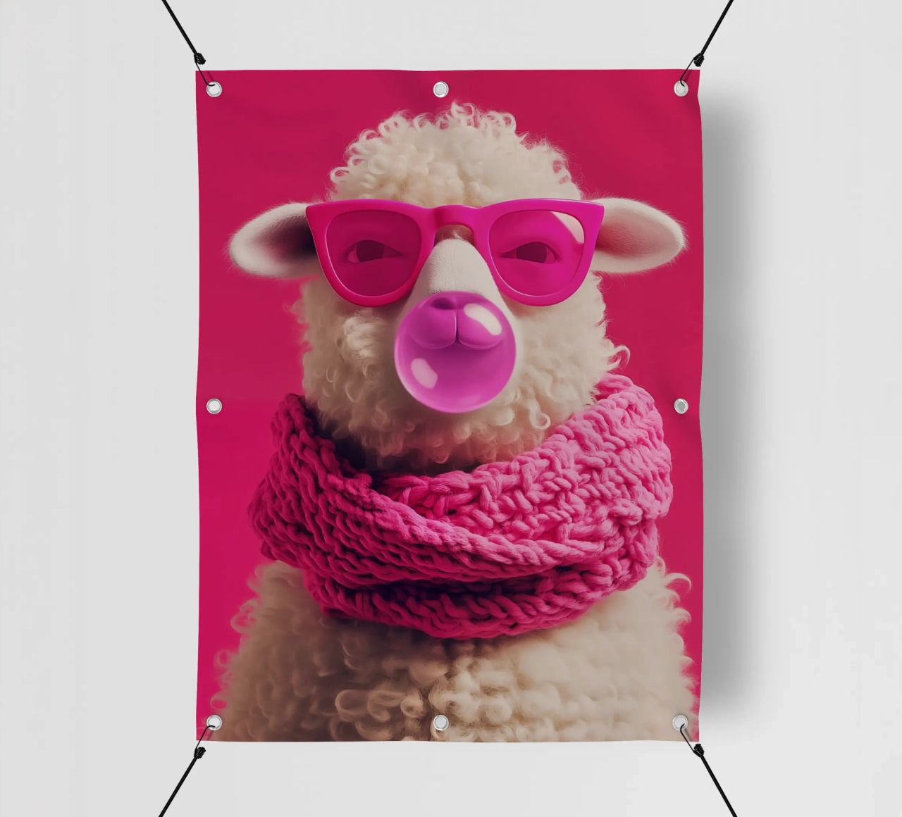 Pecora pop art con occhiali rosa, sciarpa e gomma da masticare telo in pvc da Autofocus