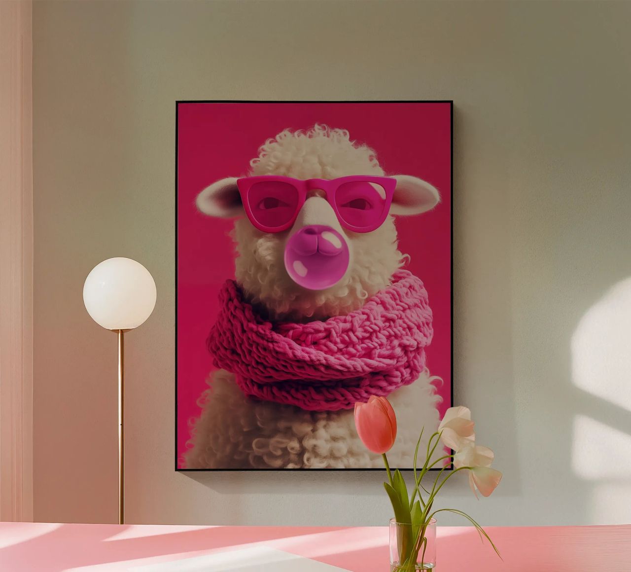 Pecora pop art con occhiali rosa, sciarpa e gomma da masticare plexiglass da Autofocus