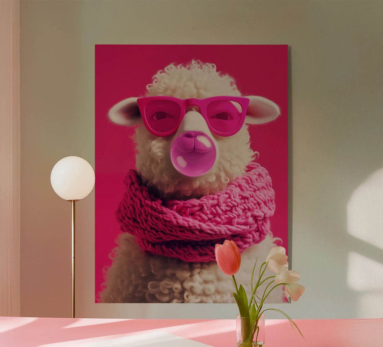 Pecora pop art con occhiali rosa, sciarpa e gomma da masticare plexiglass da Autofocus