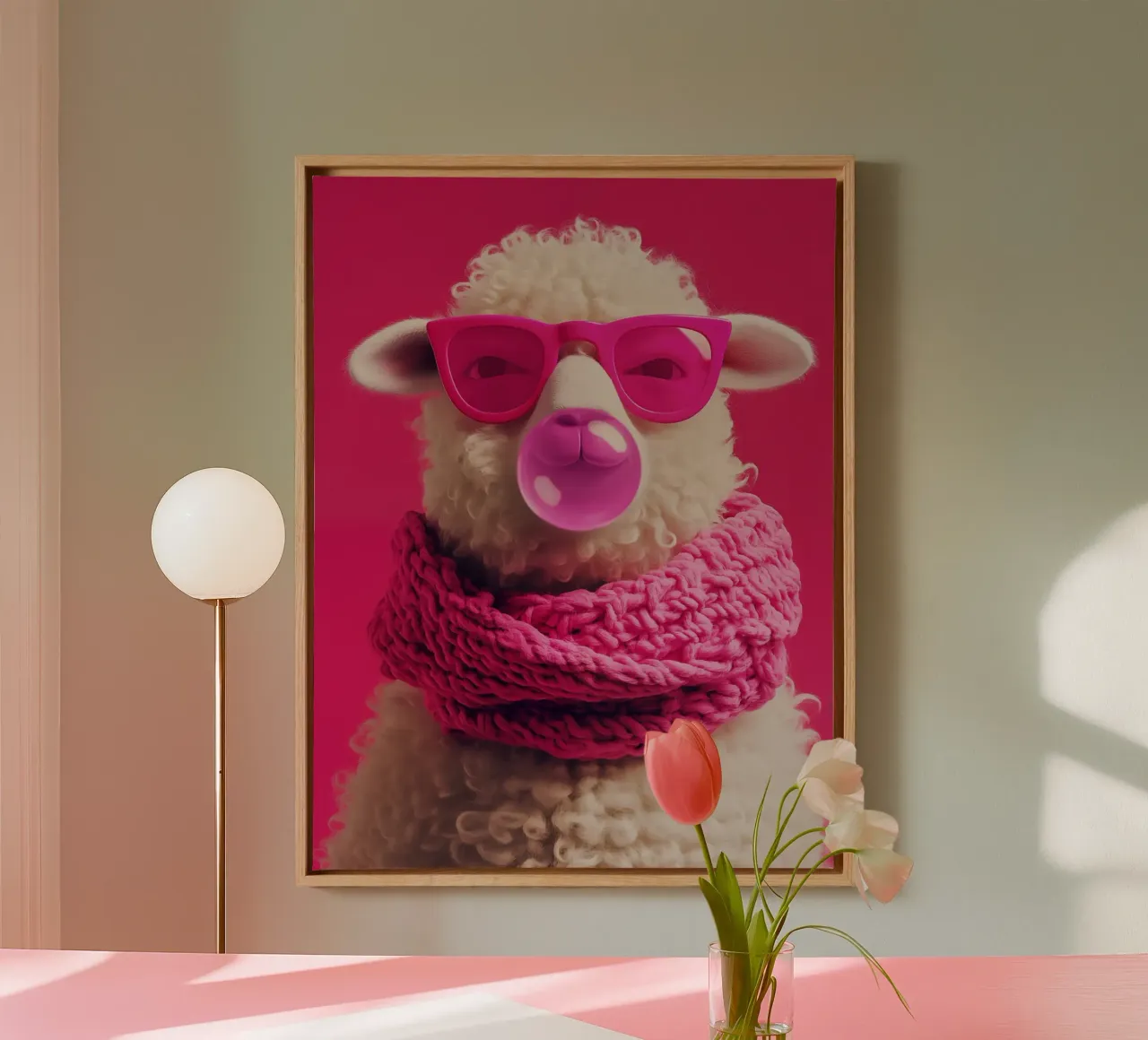 Pop art sheep with pink glasses, scarf and chewing gum canvas by Autofocus