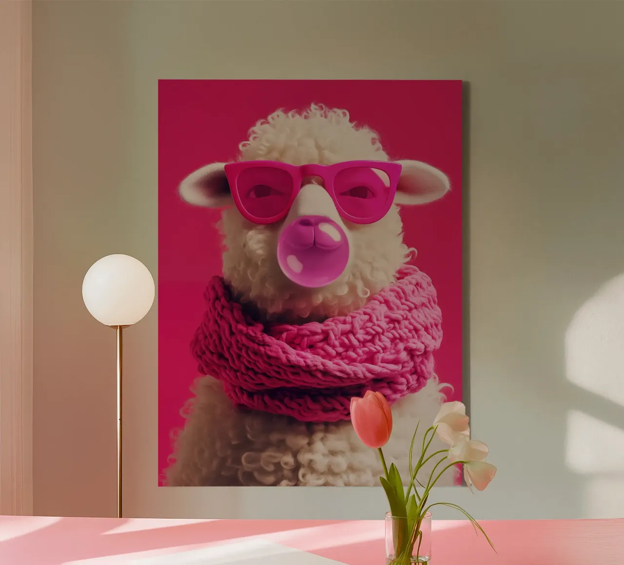 Pop art sheep with pink glasses, scarf and chewing gum canvas by Autofocus