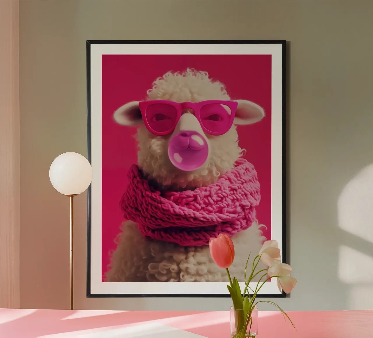 Pecora pop art con occhiali rosa, sciarpa e gomma da masticare poster con telaio in legno da Autofocus