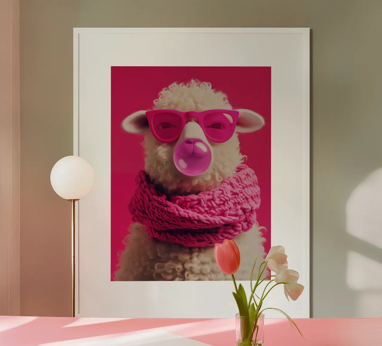 Pecora pop art con occhiali rosa, sciarpa e gomma da masticare poster con telaio in legno da Autofocus