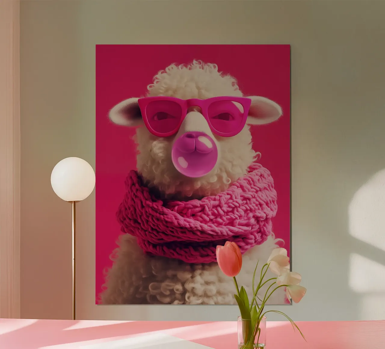 Pecora pop art con occhiali rosa, sciarpa e gomma da masticare poster con telaio in legno da Autofocus
