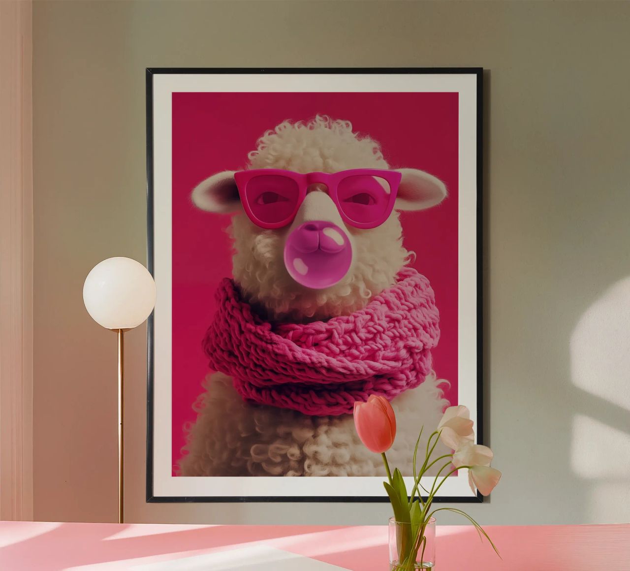 Pecora pop art con occhiali rosa, sciarpa e gomma da masticare carta hahnemühle da Autofocus