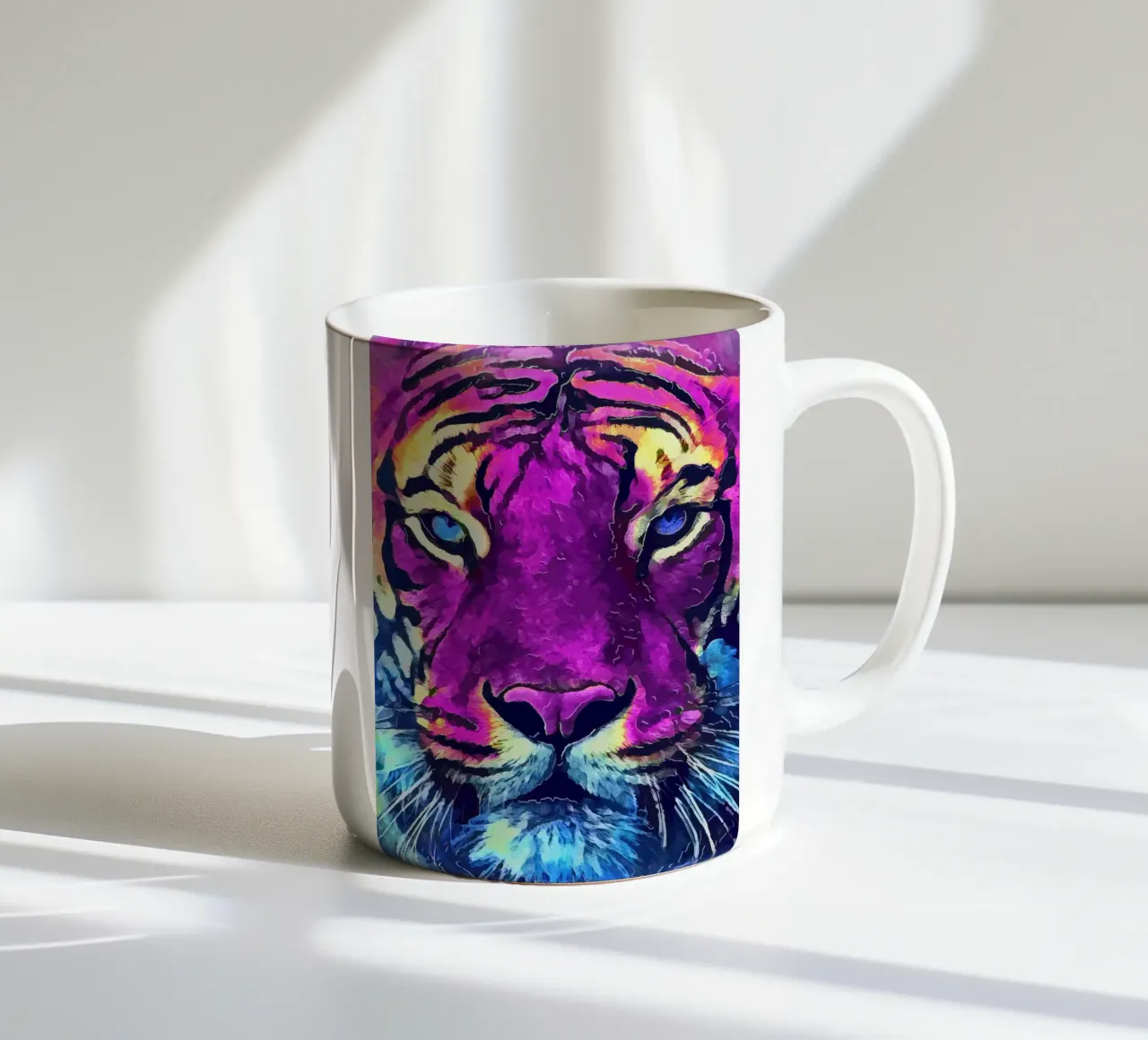 Purple tiger animal art ceramic mug by Justyna Jaszke JBJart