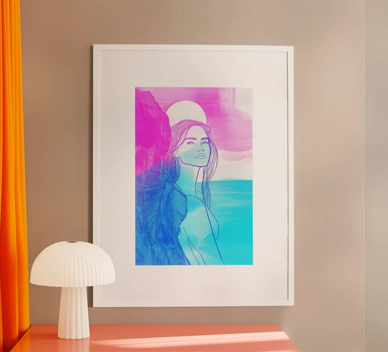 Bella donna nell'ora blu in riva al mare | Instagram eleganza poster con telaio in alluminio da Autofocus