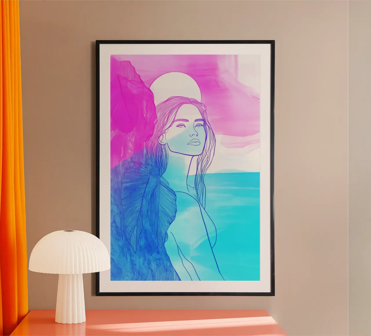 Bella donna nell'ora blu in riva al mare | Instagram eleganza poster con telaio in alluminio da Autofocus