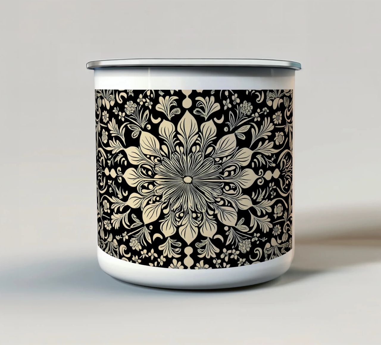 William Morris "The Circle of Creation: Mandalas Unleashed" taza de esmalte de Nikis Art Studio