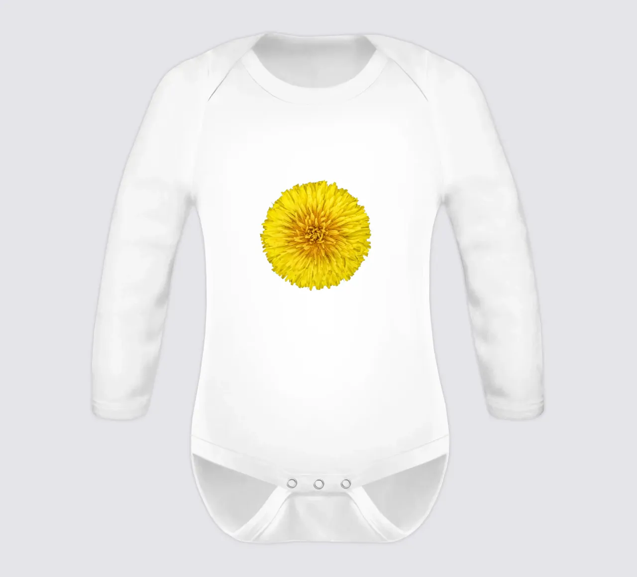 Dandelion Flower long-sleeve baby romper by Curious Collections by Marielle Leenders