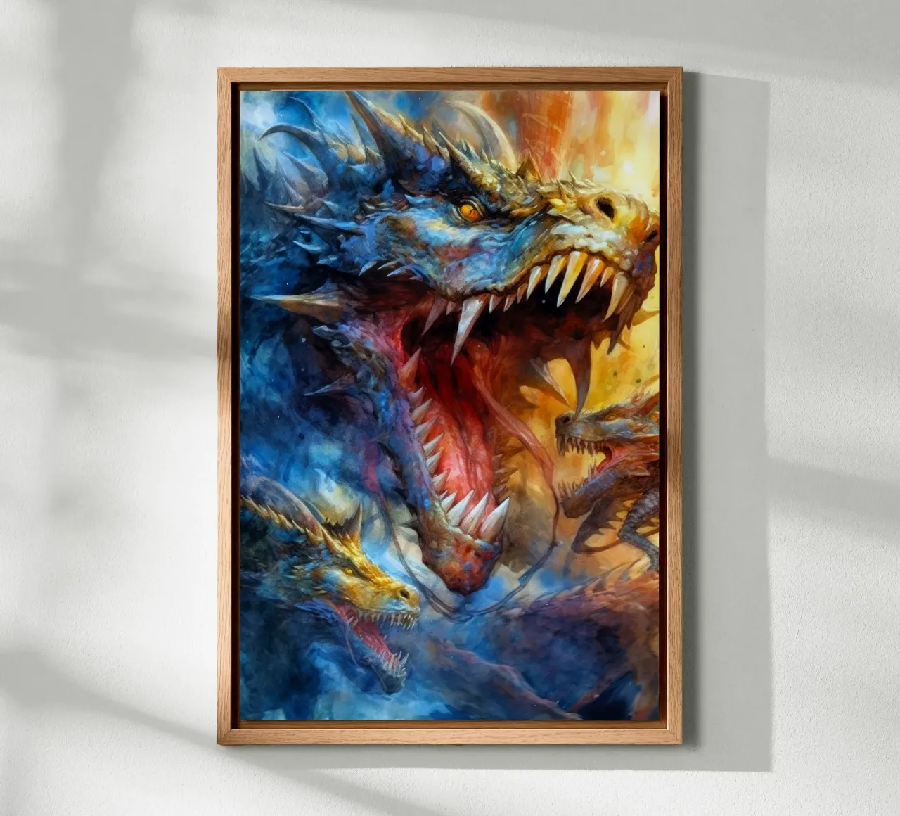 Drachenfeuer-Kunst Leinwand mit Schattenfugenrahmen von Justyna Jaszke JBJart