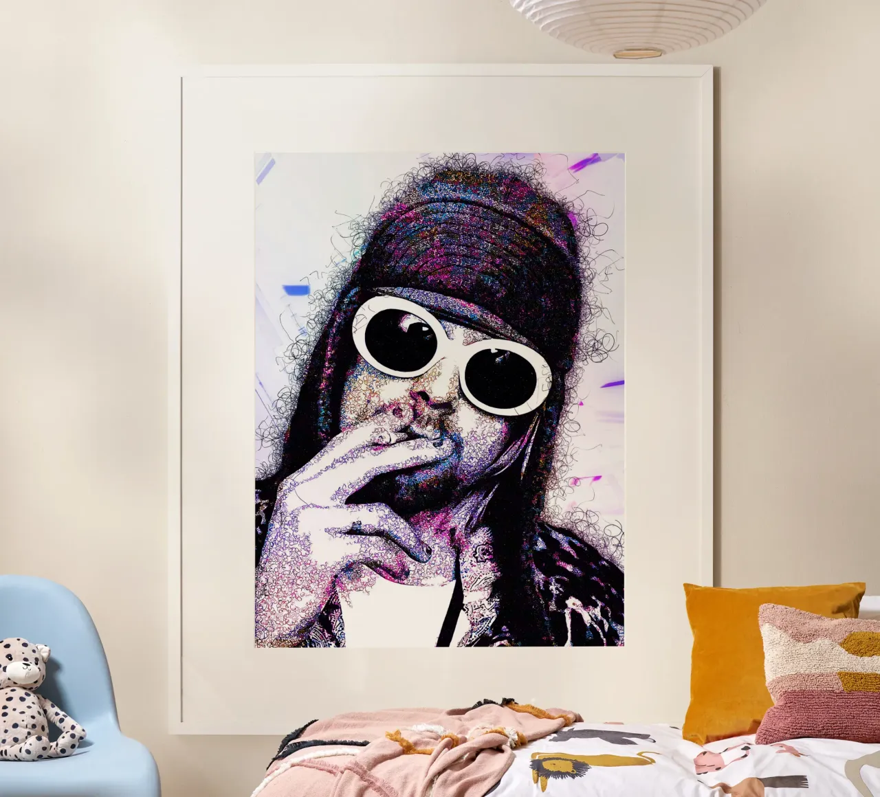 Scarabocchio di Kurt Cobain poster con telaio in alluminio da neonartroom